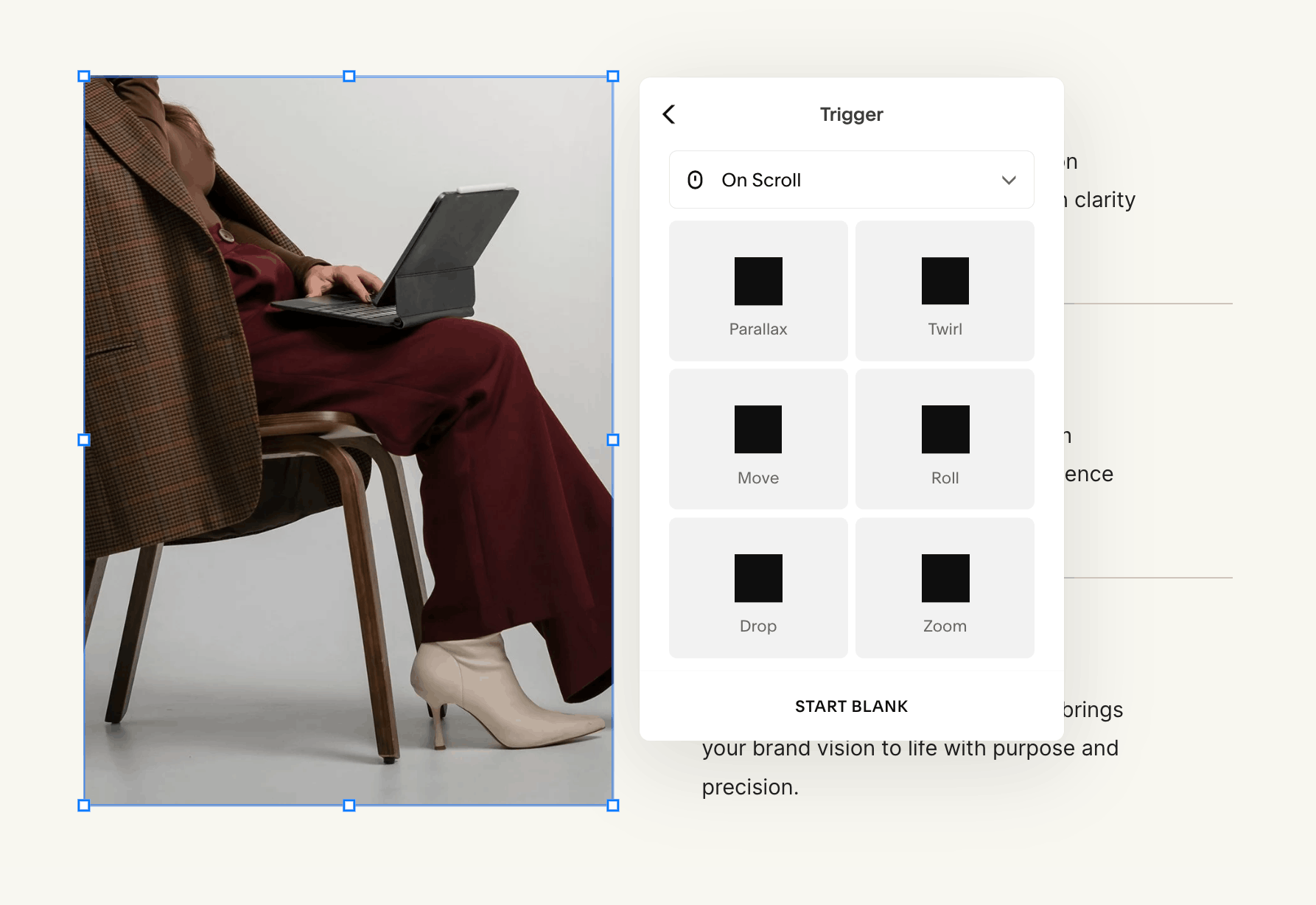 Squarespace Feature: Selecting trigger & animation