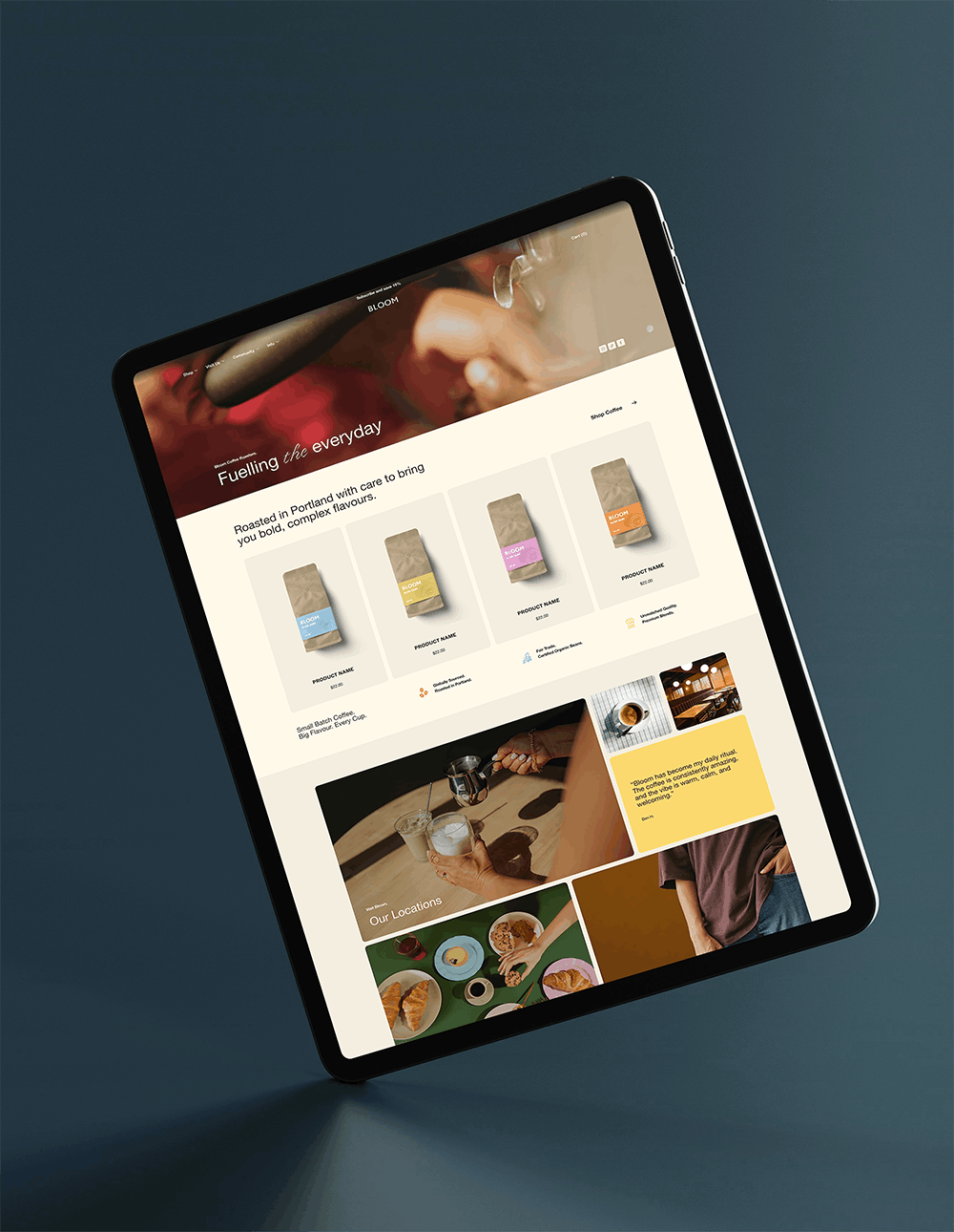 Bloom Coffee Shop & E-Commerce Squarespace Template Homepage iPad Mockup