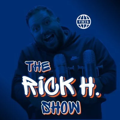 Man holding microphones with text overlay that reads "The Rick H. Show" and a small globe icon with the word "This".