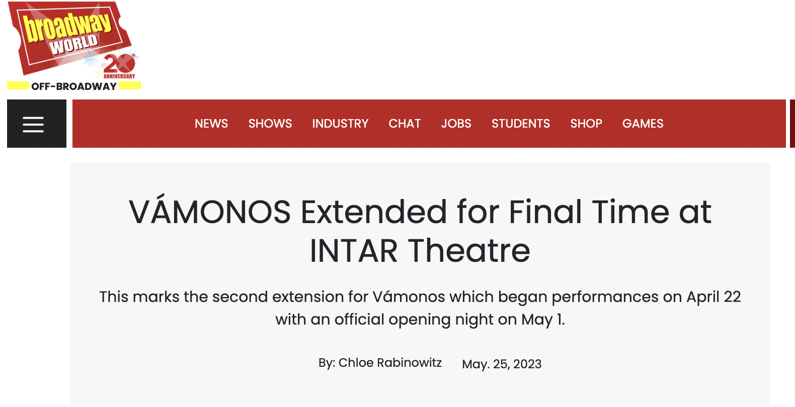 Broadway World: VÁMONOS Extended for Final Time at INTAR Theatre