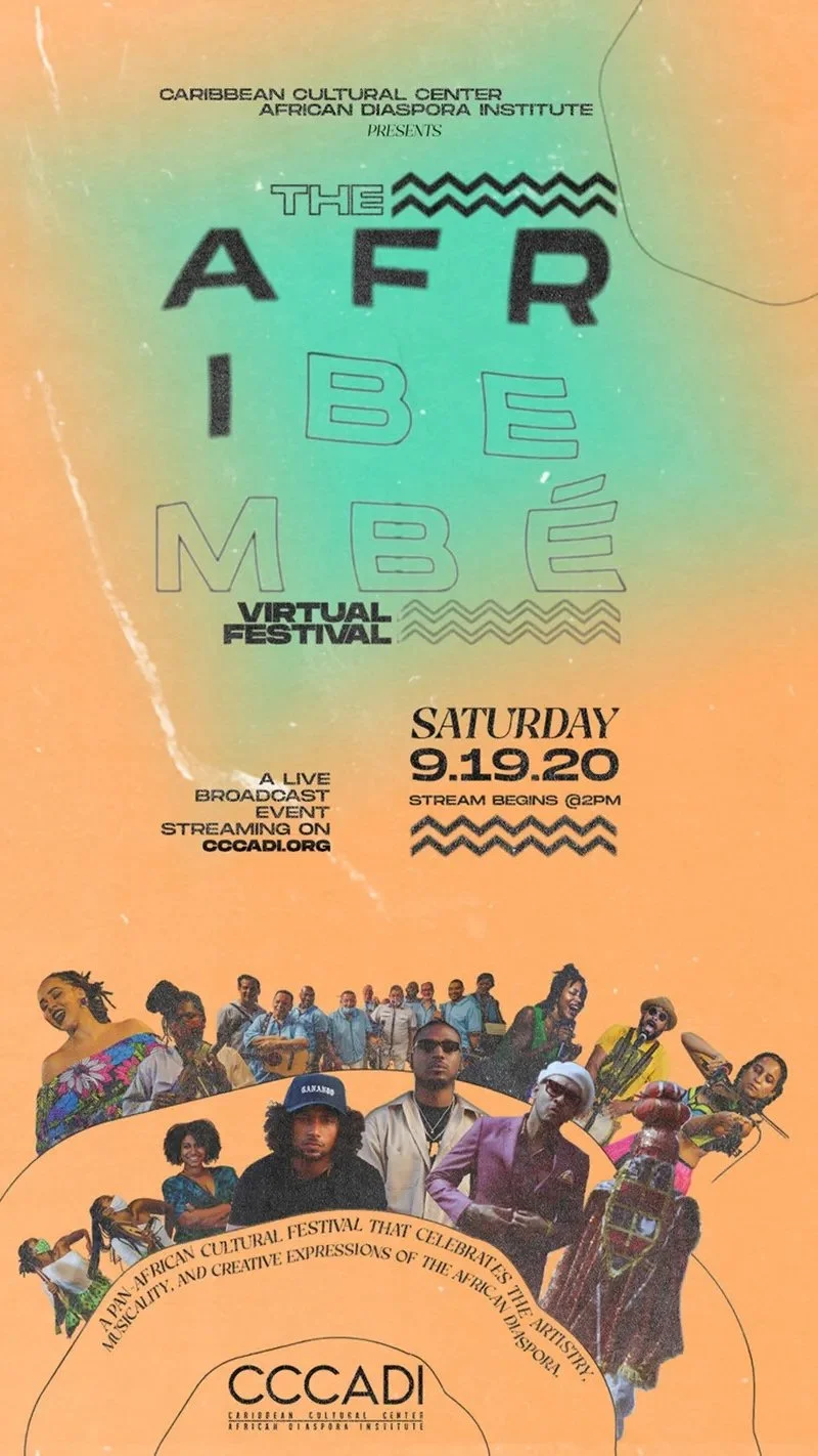 Event poster for The Afro Vibe Virtual Festival, presented by Caribbean Cultural Center African Diaspora Institute, scheduled for Saturday, September 19, 2020, with a live broadcast starting at 2 PM on ccadi.org. The poster features images of diverse African and Caribbean performers, dancers, and musicians, with colorful background and stylized text.