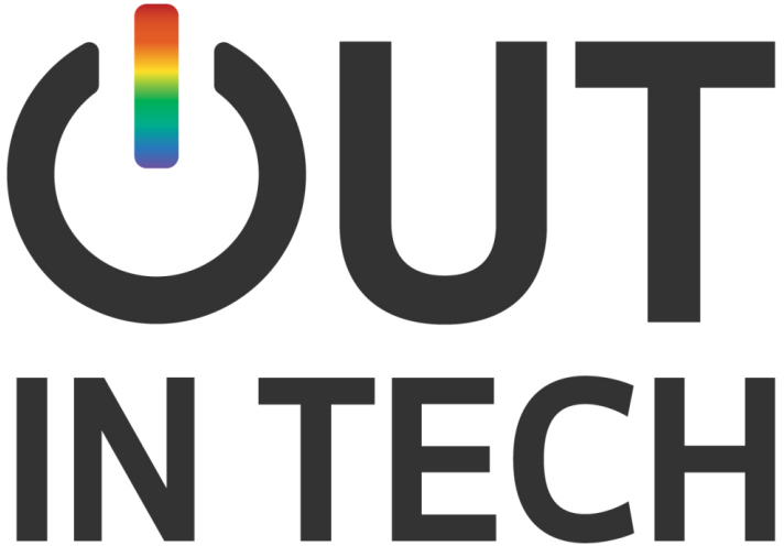 The phrase "OUT IN TECH" with the power button symbol replacing the 'O' in "OUT". The power symbol has a rainbow-colored vertical line at the top.