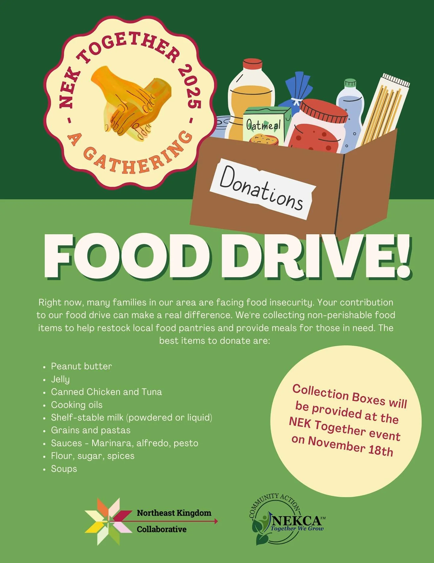 When you arrive at NEK Together, Nov 18th at @highlandcenterforthearts please bring a canned or non-perishable food item to donate to @nekca_vt Northeast Kingdom Community Action.

Many in our region are facing food insecurity, which has been heighte
