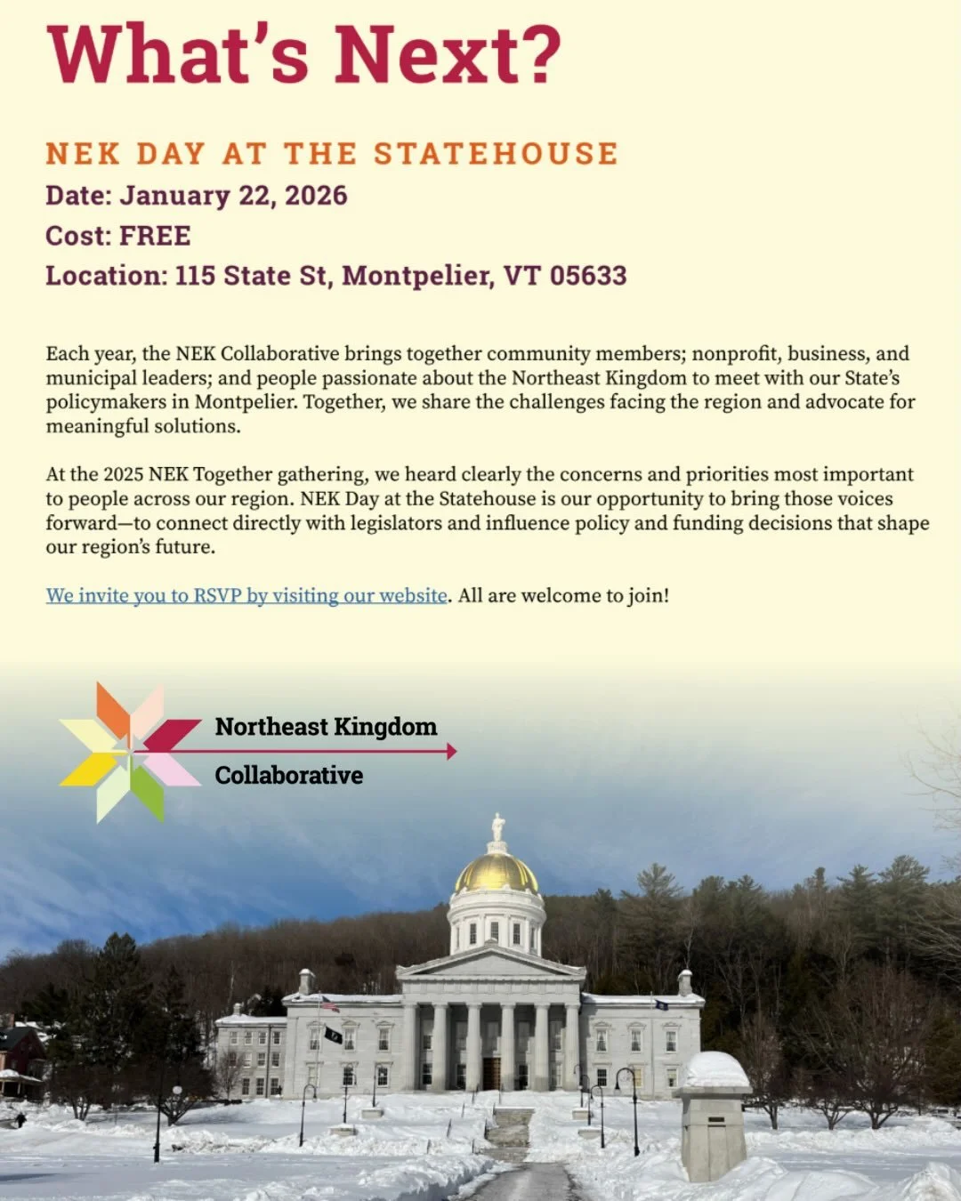 Happy New Year! Happy 2026 Legislative Session! 
In preparation for NEK Day at the Statehouse, Jan 22nd, our friends at @nekorganizing are hosting Storytelling for Change workshops. Learn advocacy skills, an overview of the Vermont Legislature, and p