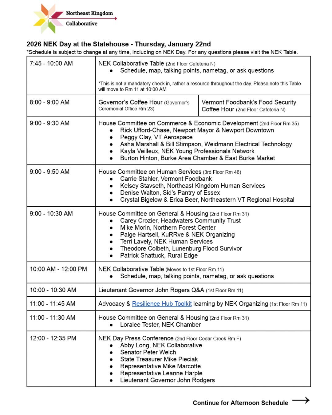 All are welcome to join for the entire day or to pick and choose what interests you! But don&rsquo;t miss the NEK Day Press Conference, featuring Senator Welch alongside State Treasurer Pieciak, State Representatives Marcotte and Harple, and Lieutena