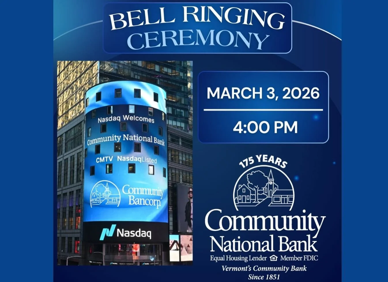 Tune in tomorrow, Tuesday, March 3rd, as our very own @nekcollaborative Board member @communitynationalbankvt President &amp; CEO Chris Caldwell rings the closing bell at Nasdaq!!! 

Chris will be joined by Executive Vice President &amp; CFO Louise B