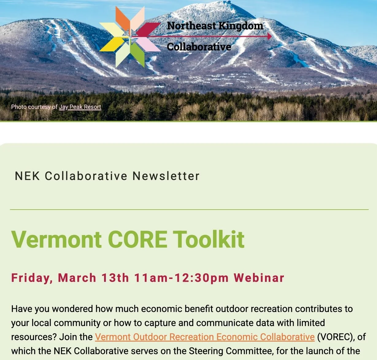 @nekcollaborative March eNewsletter is out!

Click the link 🔗 in our bio to explore new opportunities and resources for @vermonts_northeast_kingdom including:

&bull; Vermont&rsquo;s CORE Toolkit to help communities calculate the economic impact of 