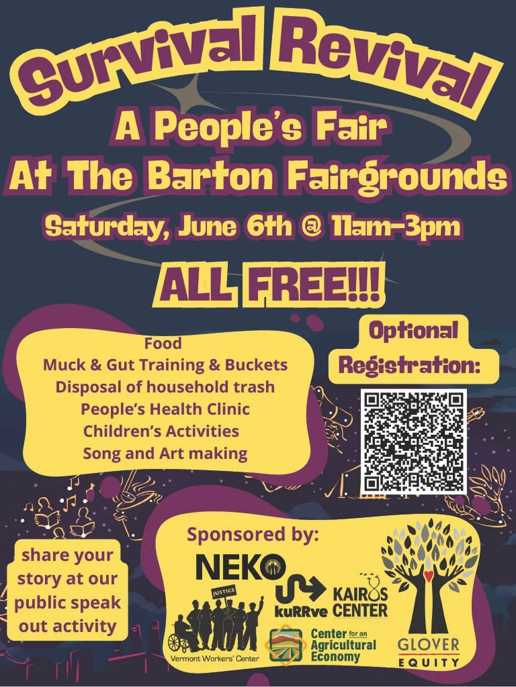 Join @nekorganizing, @kurrvenek, @vermontworkerscenter, Glover Equity, @kairoscenternyc, @caevermont and more THIS SATURDAY, 11-3 pm for a Survival Revival: A People&rsquo;s Fair, a FREE event at the Barton Fairgrounds. All are welcome! 
 

Folks can