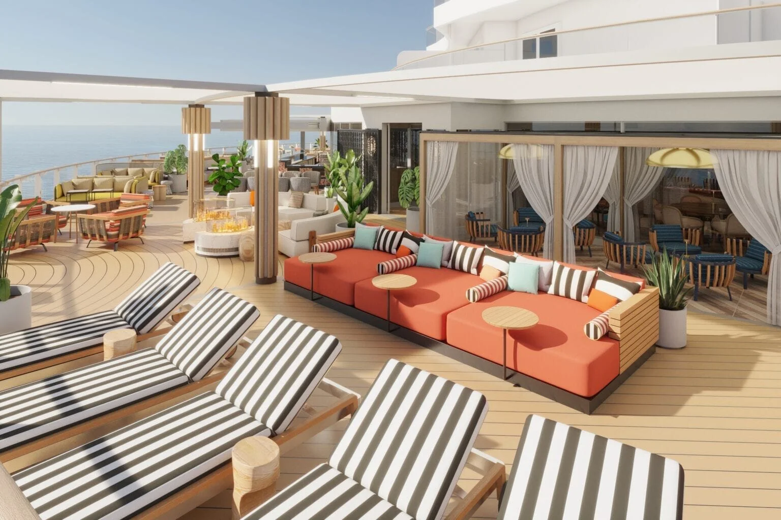  Auf dem Ocean Boulevard entsteht auch die "Indulge Food Hall". Ein Open-Air-Marktplatz, in dem man sich kulinarisch verwöhnen lassen kann. Hier, gemütliche Liegen und Lounges um zu entspannen. ©Norwegian Cruise Line 