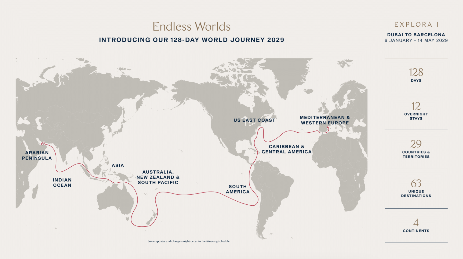 Ungefähr diese Route wird die Weltreise 2029 von Explora Journeys aussehen. ©Explora Journeys