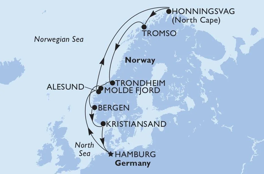 Karte einer Kreuzfahrtroute in Norwegen, startend in Hamburg, Deutschland, mit Stationen in Kristiansand, Bergen, Trondheim, Molde Fjord, Tromsø, Honningsvåg (Nordkap), und Rückfahrt nach Hamburg.