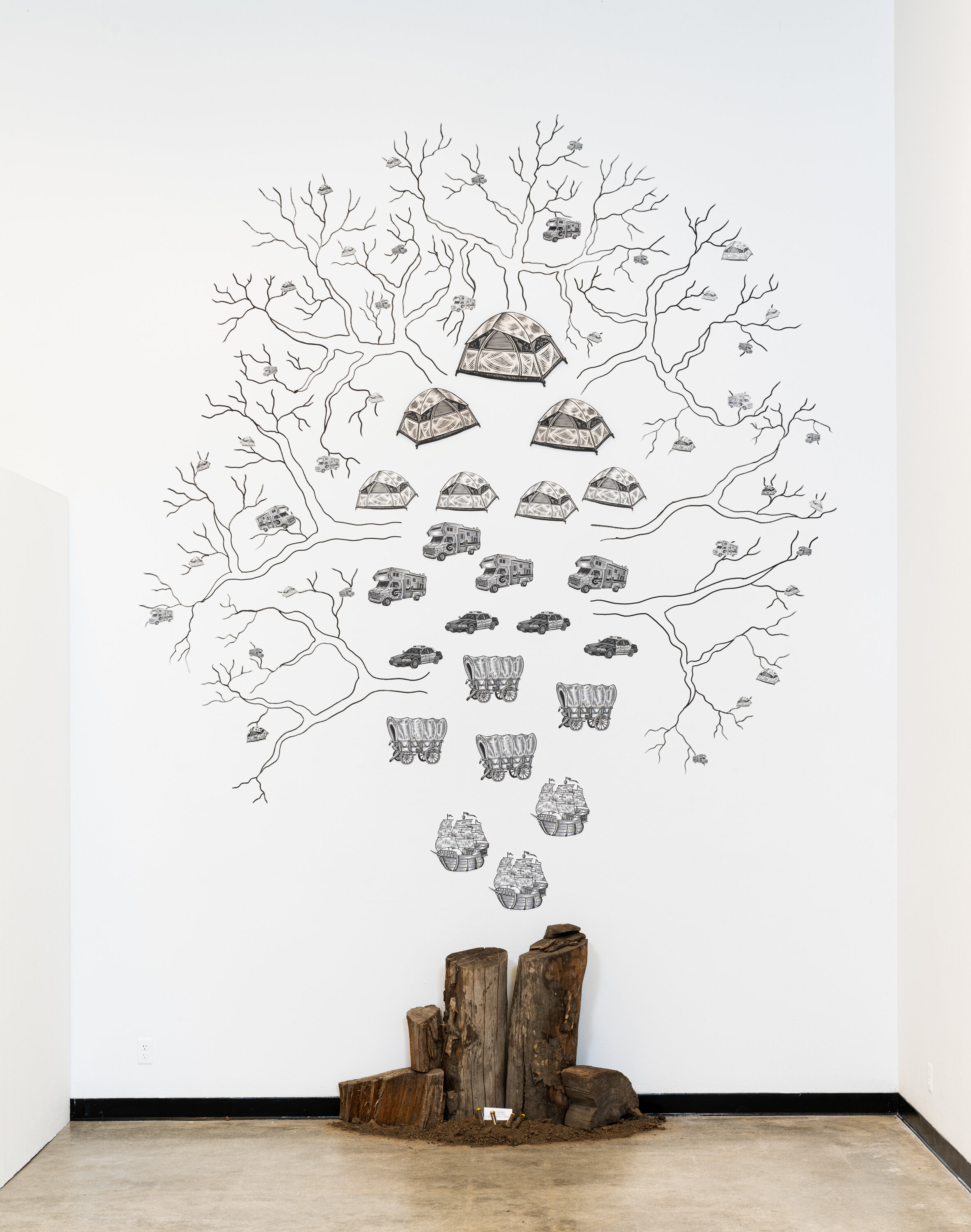 "The Eagle Tree is a Witness," linocut, linocut-based serigraphy, acrylic, historical lumber, soil, glass vials, 2020. 22x12 feet.