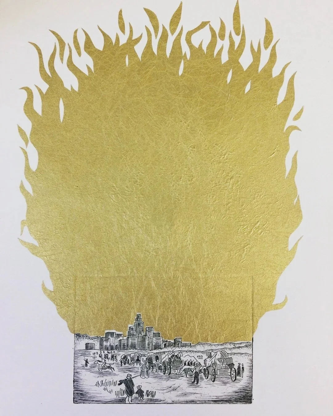 "The Great Los Angeles Real Estate Fire," collage on line etching, 2018. 11x15 inches.