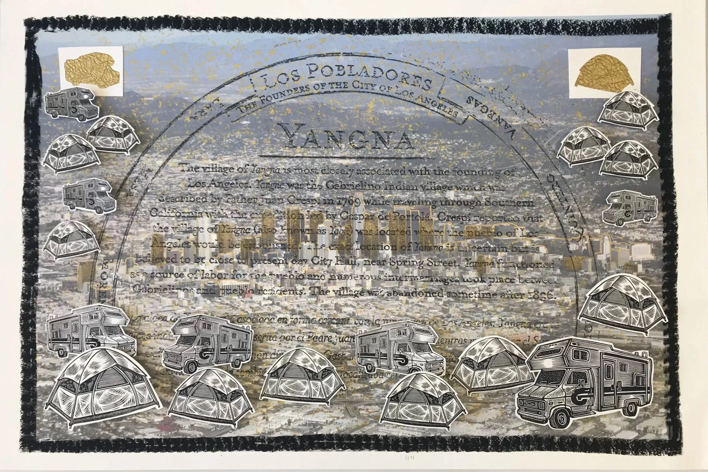 "Yaangna," linocut, serigraphy, gold paint marker, and collage on archival cotton rag paper, 2019. 22x30 inches.