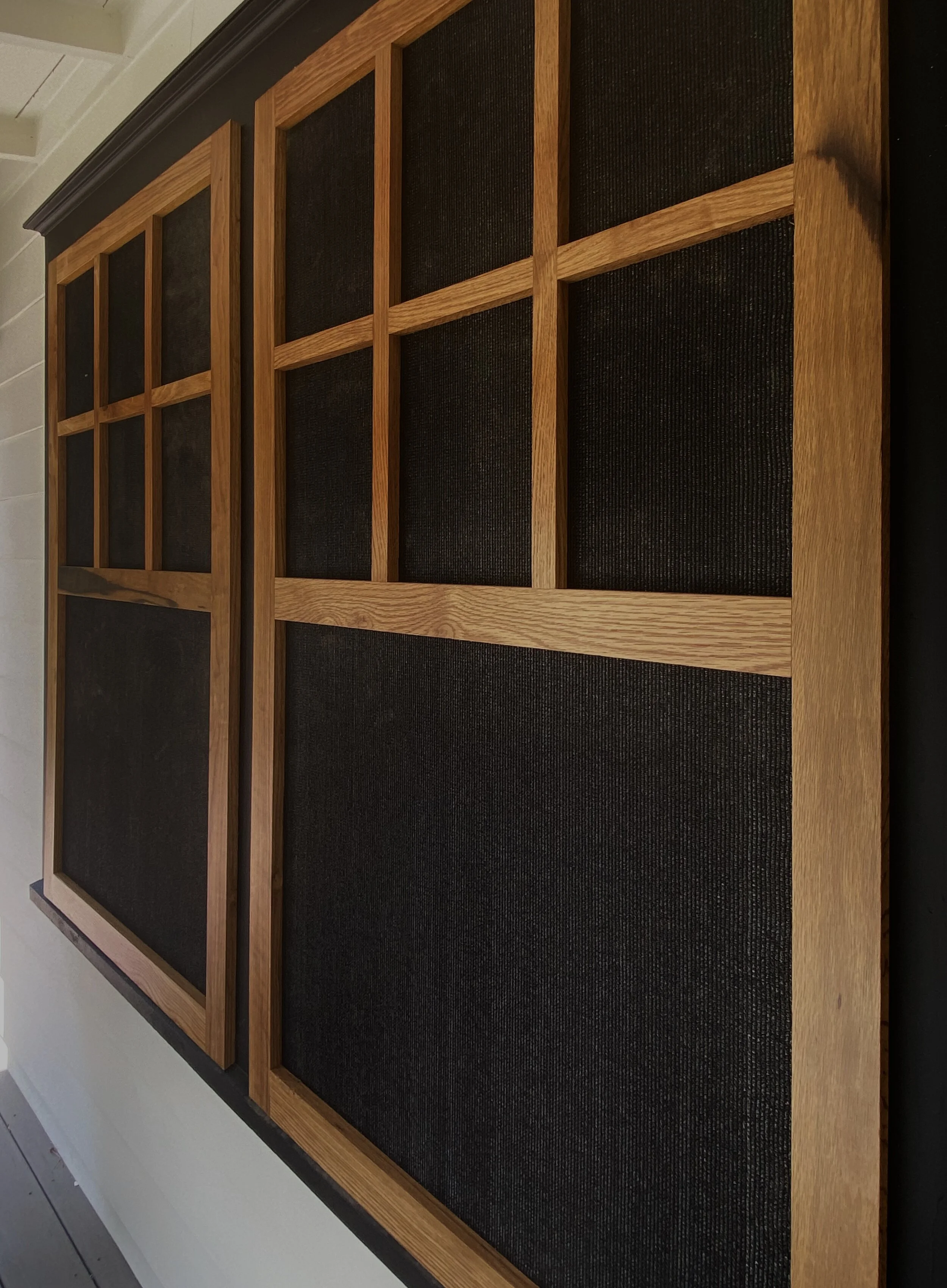 Set of white oak window shades with seven coats of marine varnish