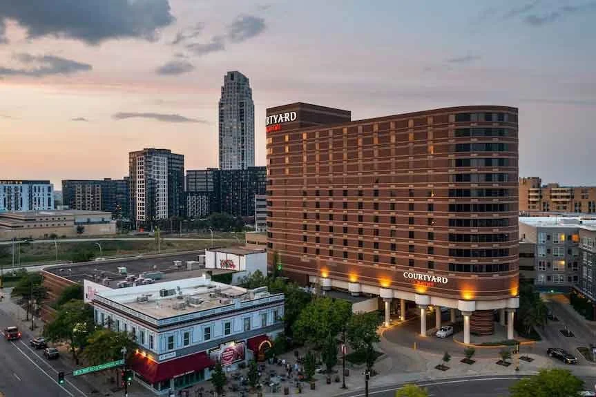 An arial view of the Courtyard Marriott hotel in downtown Minneapolis. 