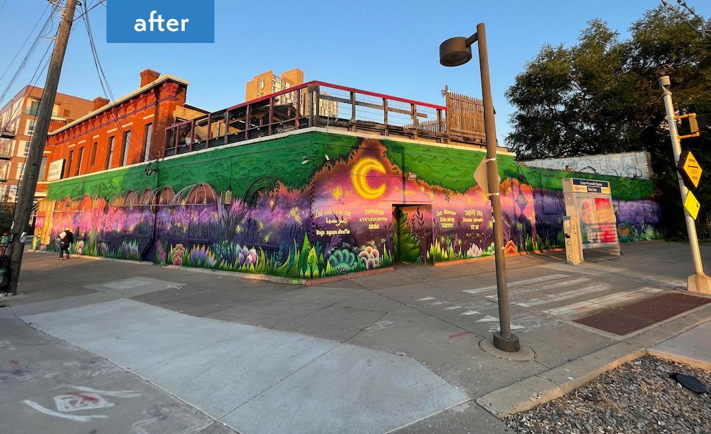 The Darul Quba Mosque after the WBBA's mural painting project (now with the Midnight Garden mural).