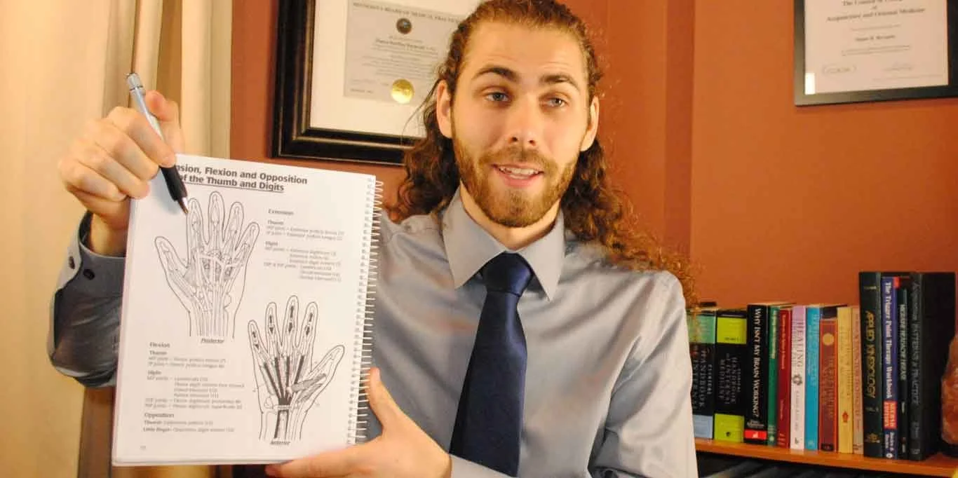 A person holding up a notebook with two diagrams of hands on them.