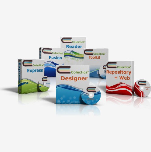 A number of different colored CD-ROMs propped up against their matching boxes with their subject title on them (e.g. Designer, Express, and Repository + Web).