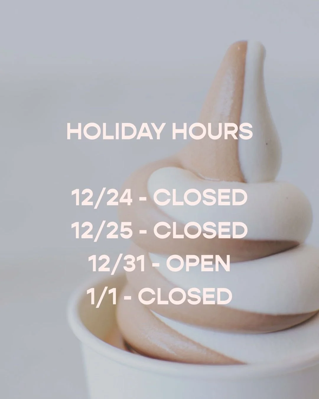 Heads up! We'll be closed 12/24, 12/25, and 1/1, but open on New Year's Eve regular hours! Have a safe and jolly holidays!!! 🌲 🎁 🍾