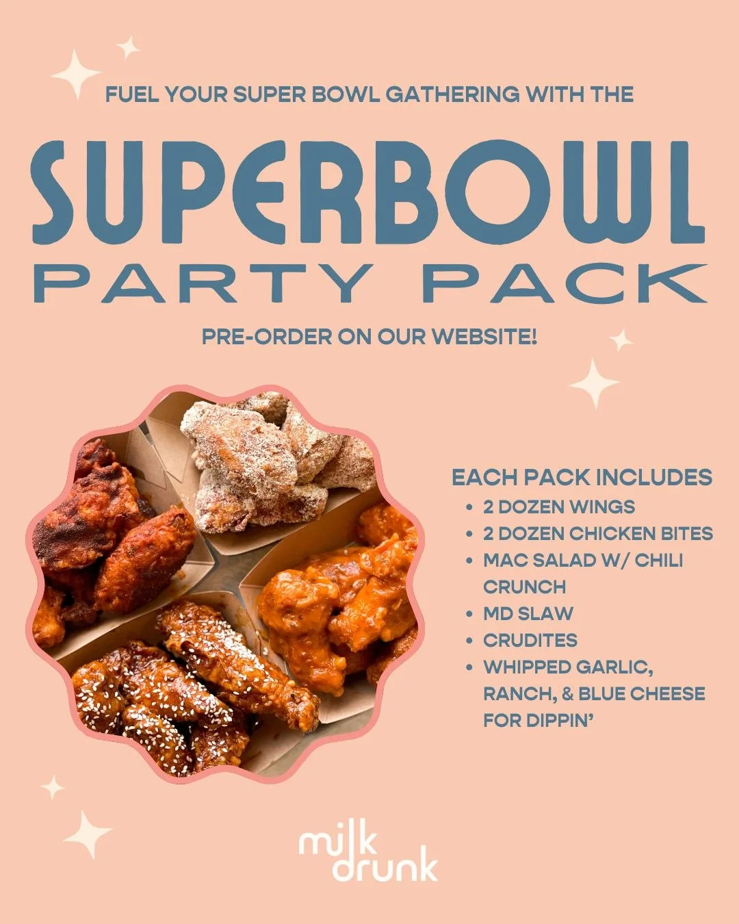 Planning your Superbowl gathering? Head to our website to preorder your 🏈 Superbowl Party Pack 🏈  Each pack includes a selection of crispy and saucy chicken plus some killer sides and sauces. Preorders cut off on Friday, February 6th, and we have a