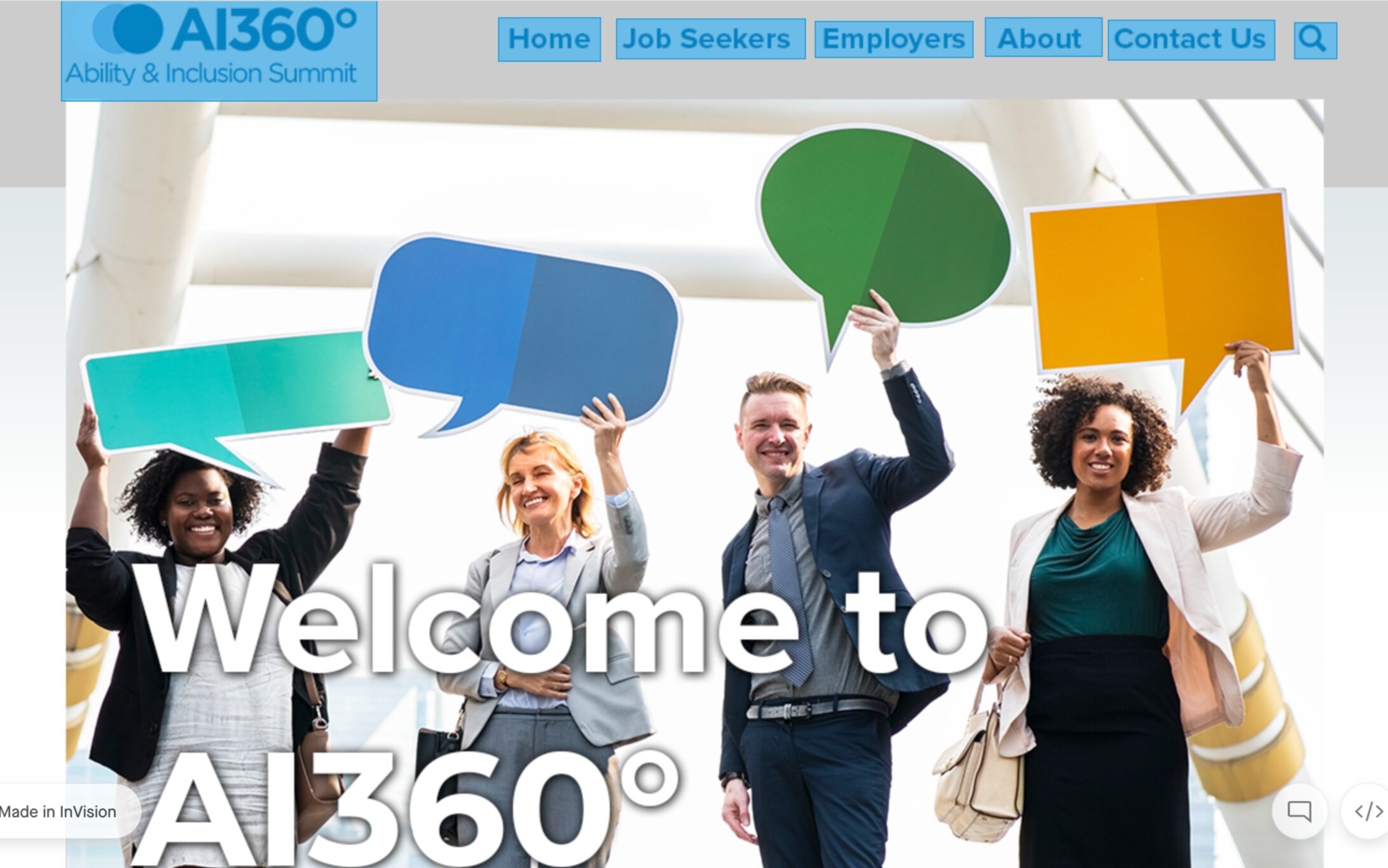 An image of the home page of AI 360 consisting of 4 people holding shapes of text from a turquoise rectangle, blue oval, green oval and orange rectangle. Above the picture are options to use the website.