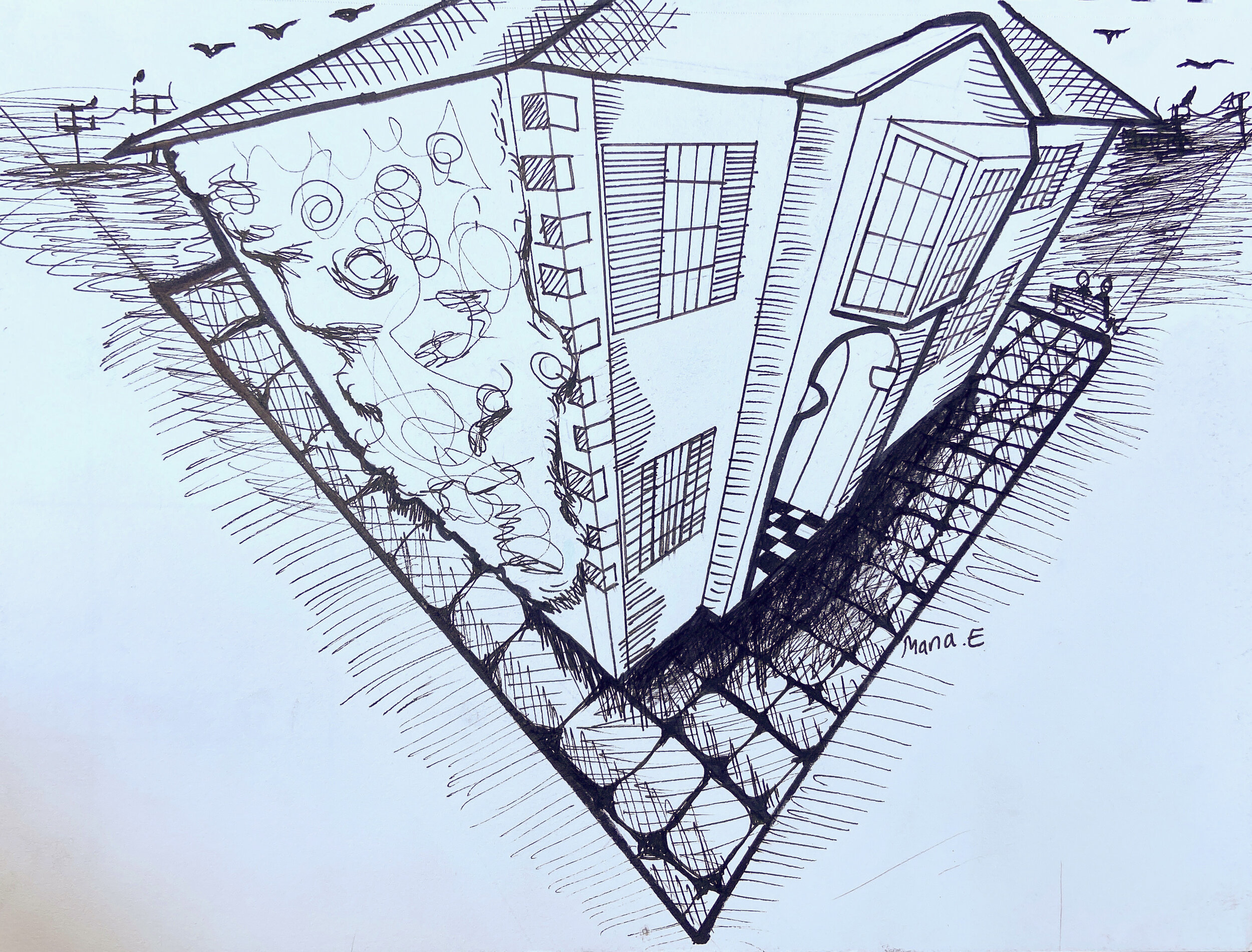 Three-Point Perspective Drawing / "Three point perspective drawing of a neighbour’s house."