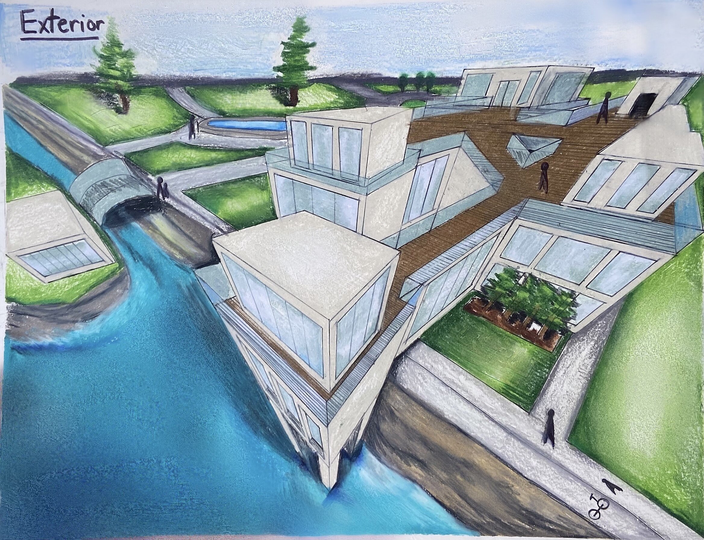 Design Development: Exterior Perspective Drawing / 14 x 11 inches / "Exterior three-point perspective of the museum design."