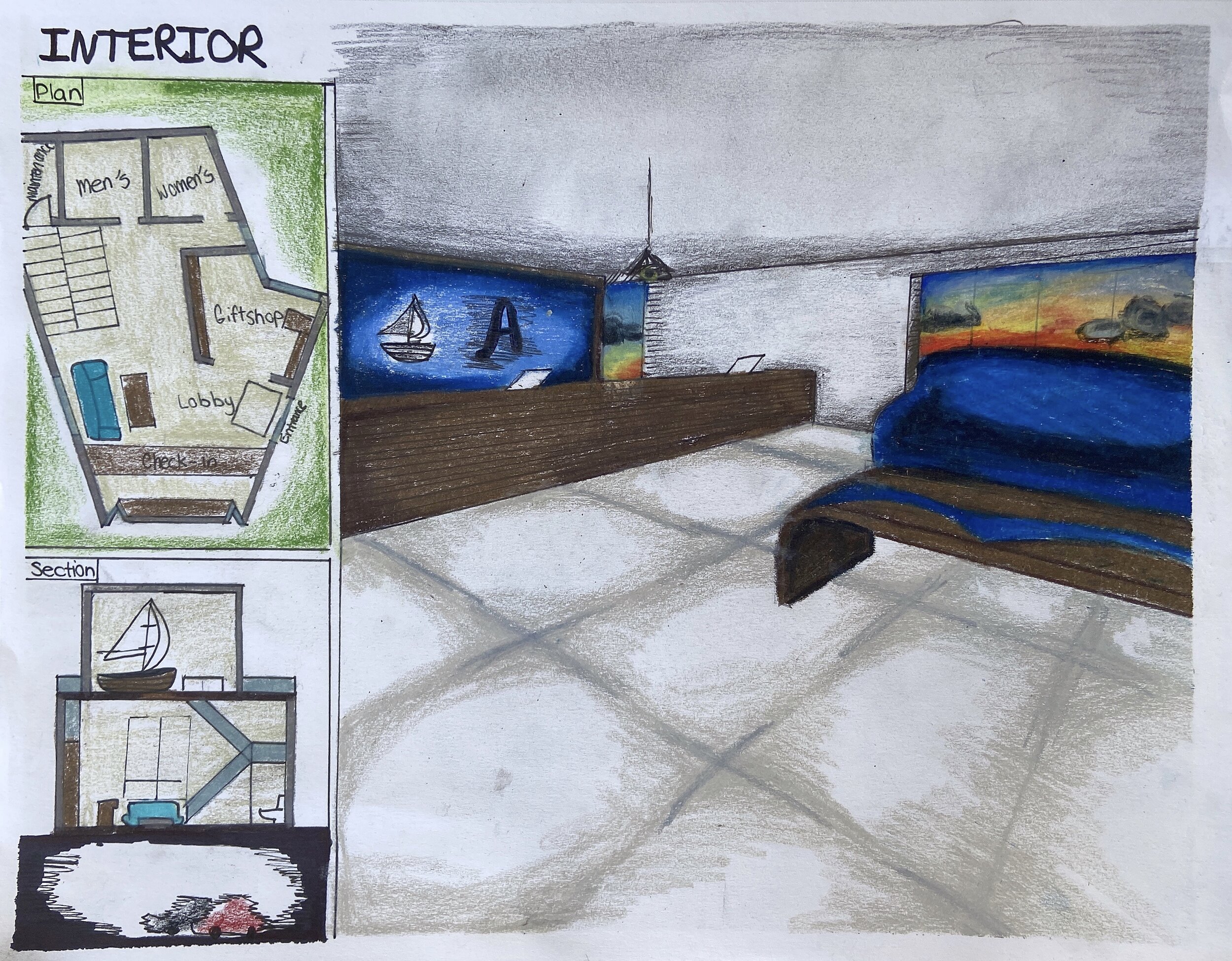 Design Development: Interior Perspective Drawing / 14 x 11 inches / "Interior two-point perspective of Museum design."