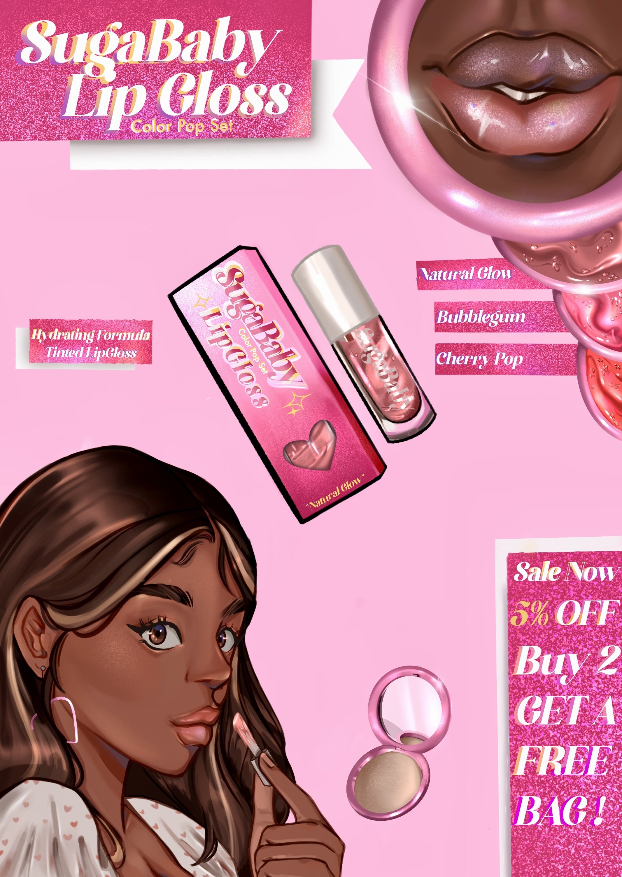 Title: “SugaBaby Lip Gloss Advertisement”.
My concept was to create lipgloss targeted toward teenagers, so my goal was to make something playful, innocent and eye-catching.