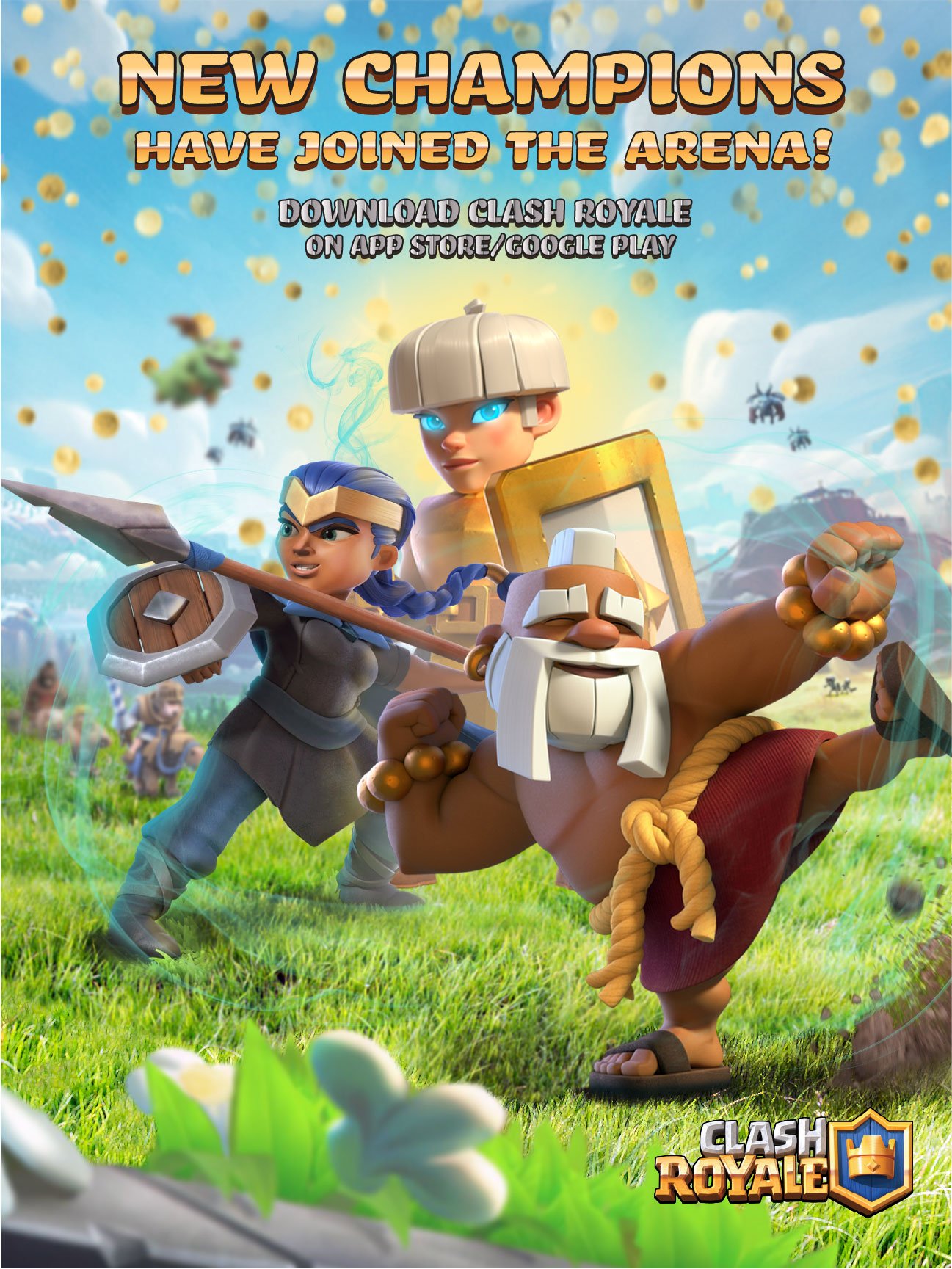 Title: Clash Royale Advertisement. This poster aims to attract new players to the game Clash Royale by revealing
new characters added in the game.