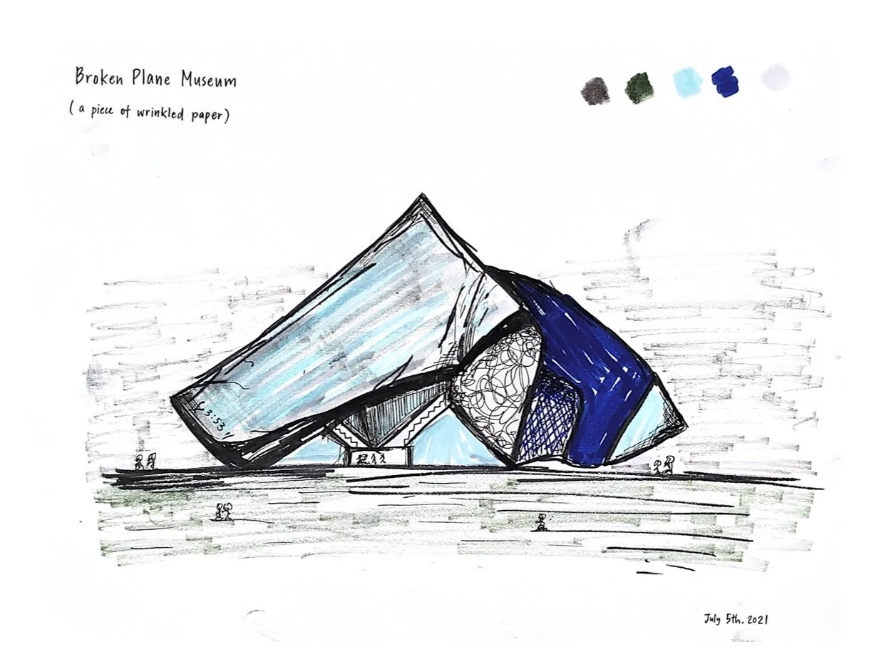 "Broken Plane Museum" / Drawing from line to Space (aka Wrinkle paper) / 8.5 x 11 inches / paper, marker, fine liner / "Designed a museum based on a piece of paper I wrinkled up."