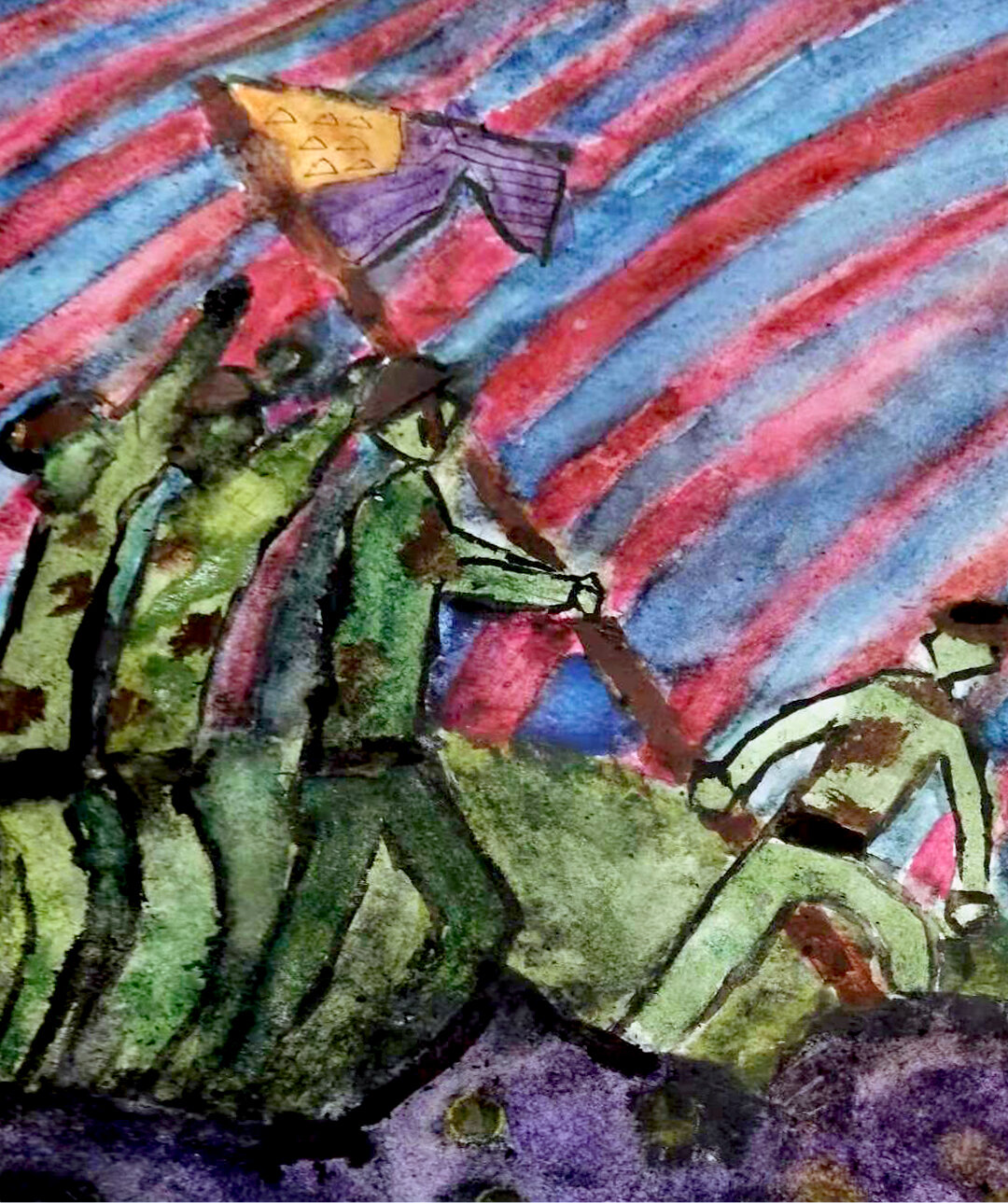 "The Flag" / Abstract Painting / 11 x 14 inches / "This work was a response to historical photos, specifically the iconic photo of Raising the Flag on Iwo Jima by Joe Rosenthal."