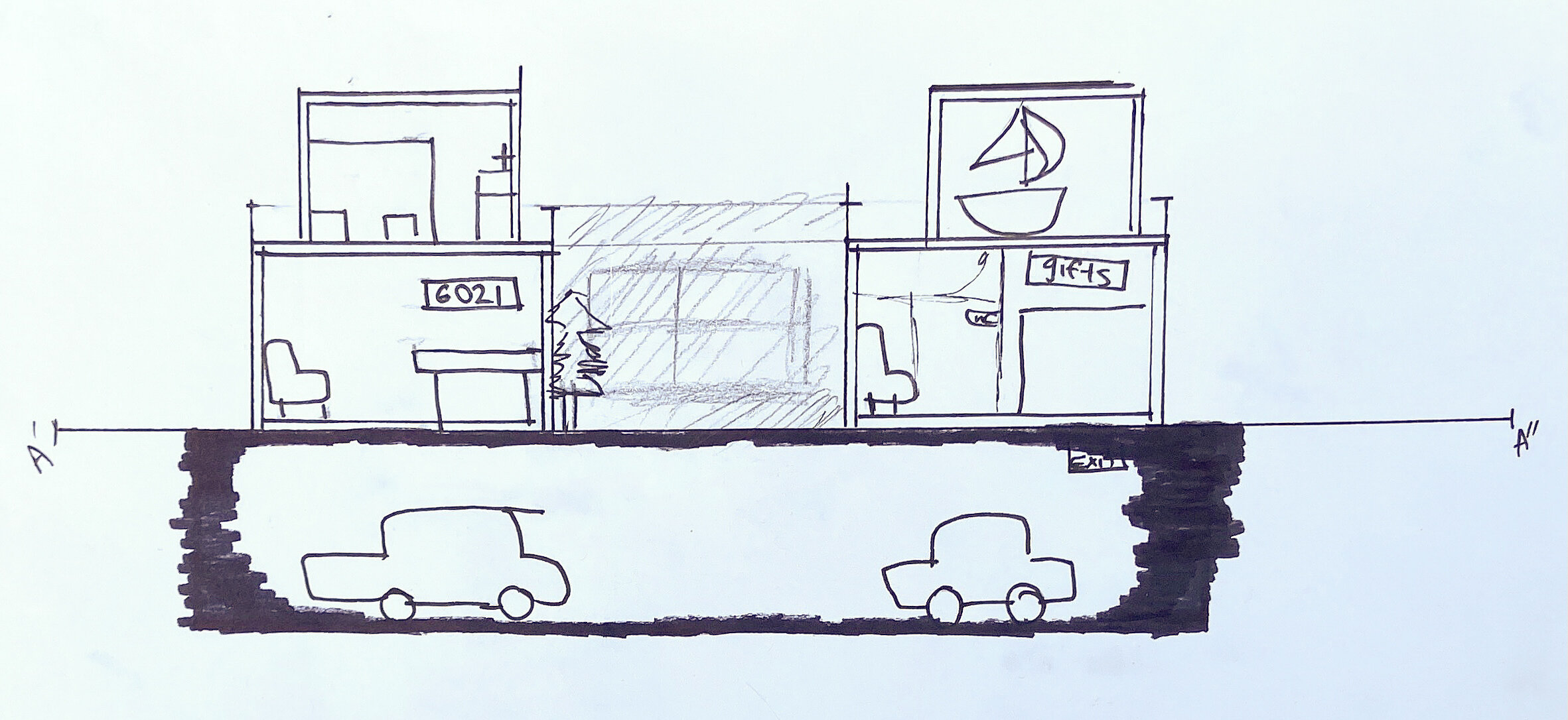 Concept Section / 11 x 8.5 inches / "Section drawing of our design for the maritime
museum+ residential."
