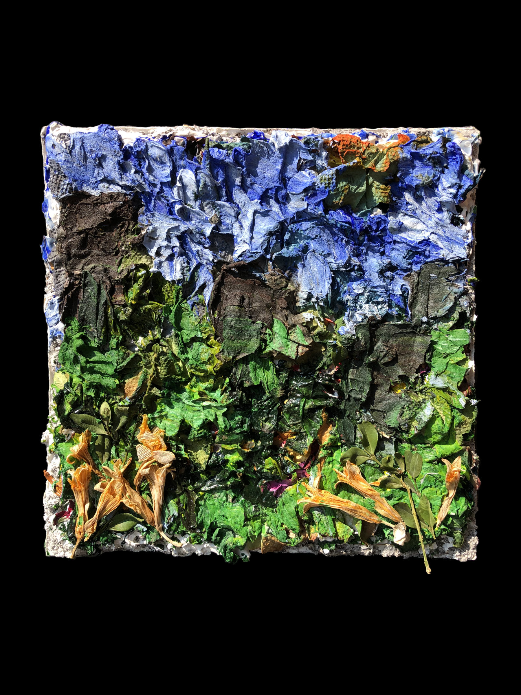 City In The Jungle / 9.5x10 inches /   fiber paste, soil, leaves, molding paste, flour, acrylic paint, heavy gel semi-gloss, gesso, kitchen towel, flower, and clod wax / This work is made by layering several paintings and is about an inch thick. La
