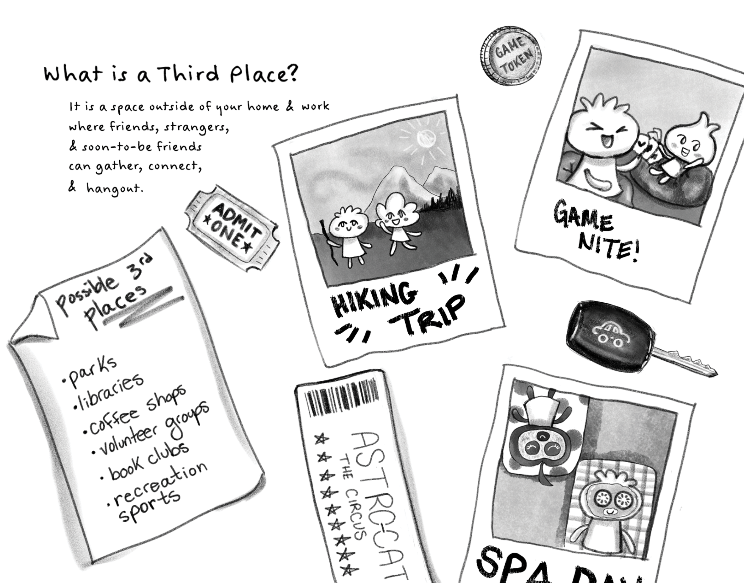 Black and white illustration of various flyers and tickets related to outdoor activities and social events, including hiking, camping, and game nights, with some featuring cartoon characters. From a mental heath and wellness zine.