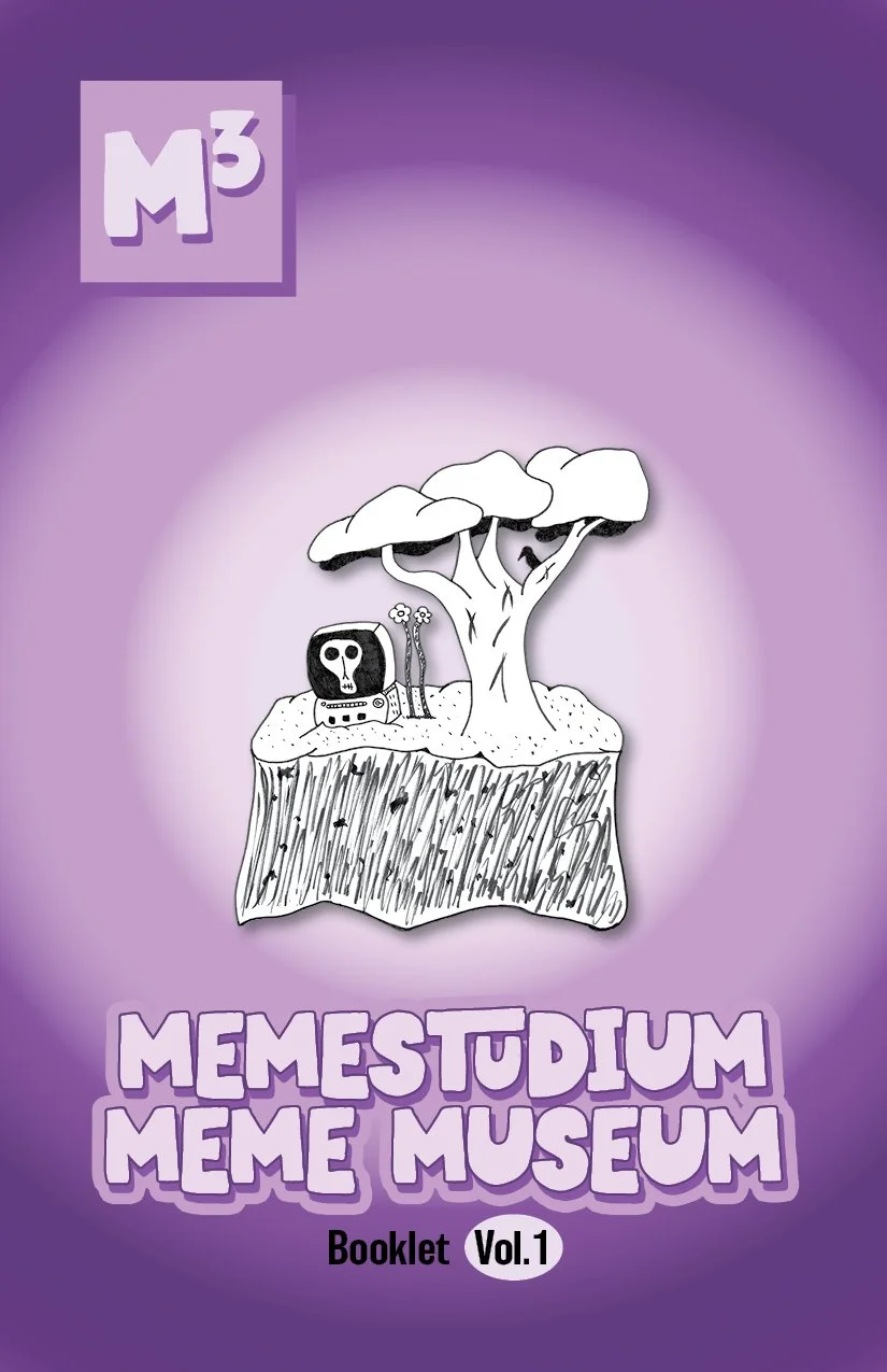 Cover of a booklet zine titled "MEMESTUDIUM MEME MUSEUM" with volume number 1. The illustration shows a floating island with a large tree, a skull on a computer screen, and a large tree.