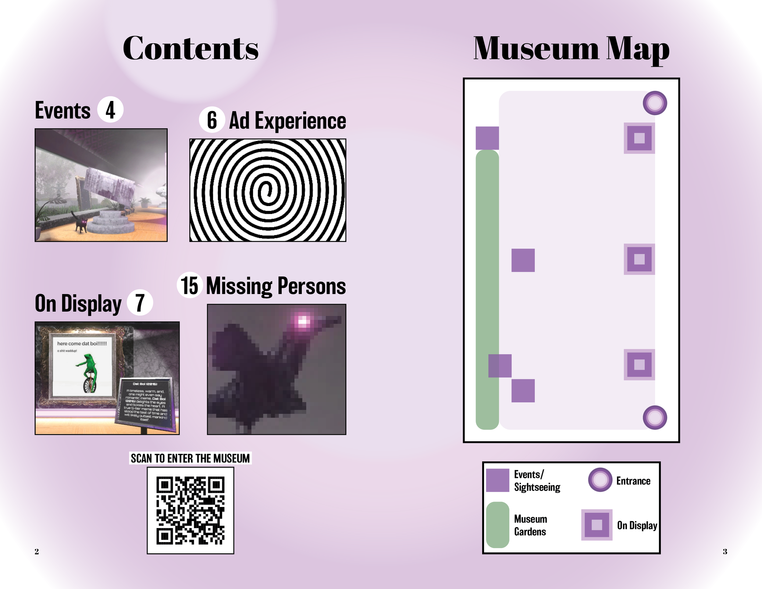 Museum map and contents list with sections for events, art experience, art display, missing persons, and gallery information. Features include a QR code for entry, a legend for map symbols, and preview images of exhibits and a digital experience.