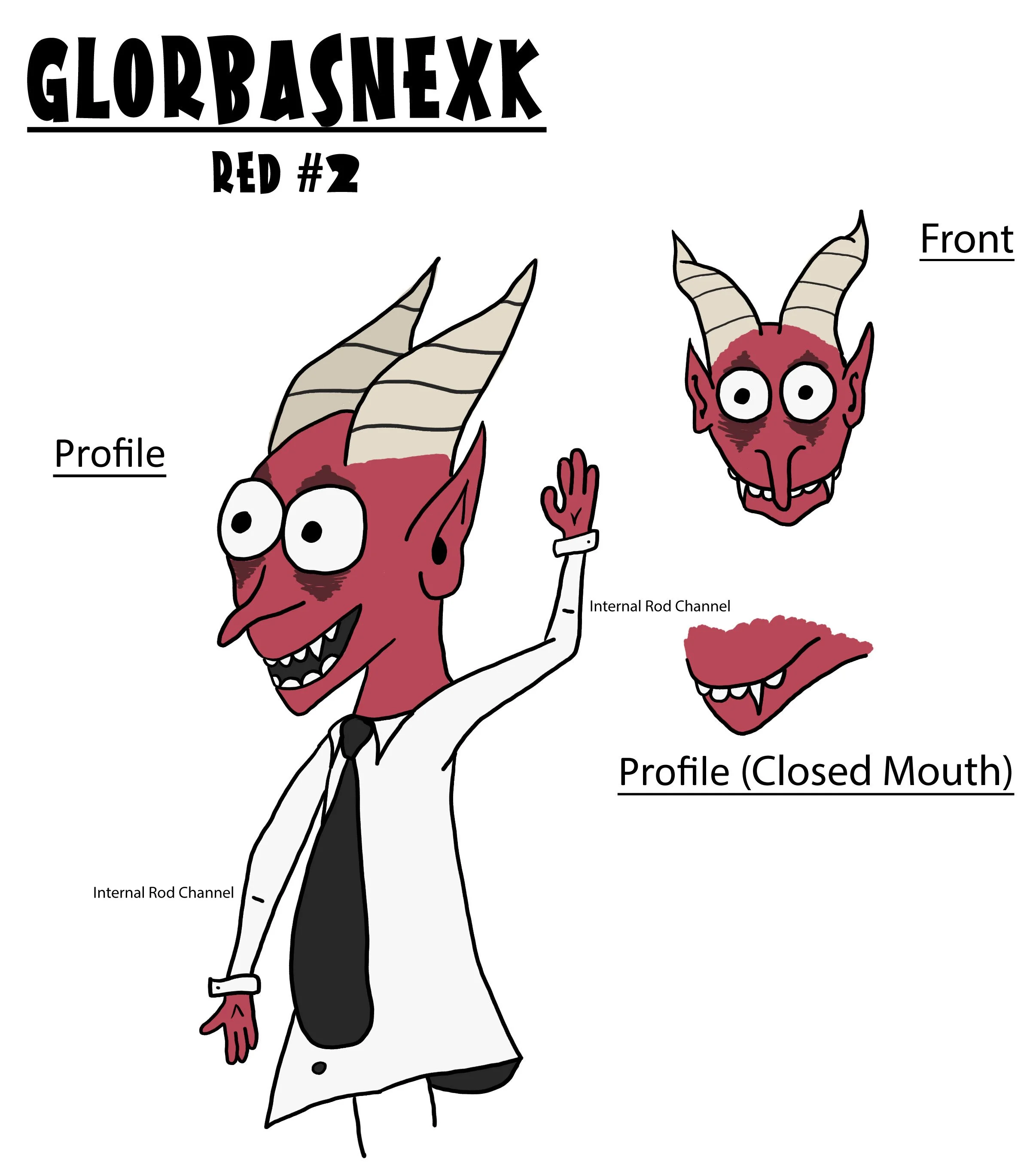 Cartoon image of a red demon with large horns, big bulging eyes, and sharp teeth. The demon is dressed in a white lab coat, a black tie, and is bald. It is pointing with two fingers and is labeled with various parts of its anatomy, including 'Profile (Closed Mouth)', 'Profile', 'Front', and 'Internal Rod Channel'.