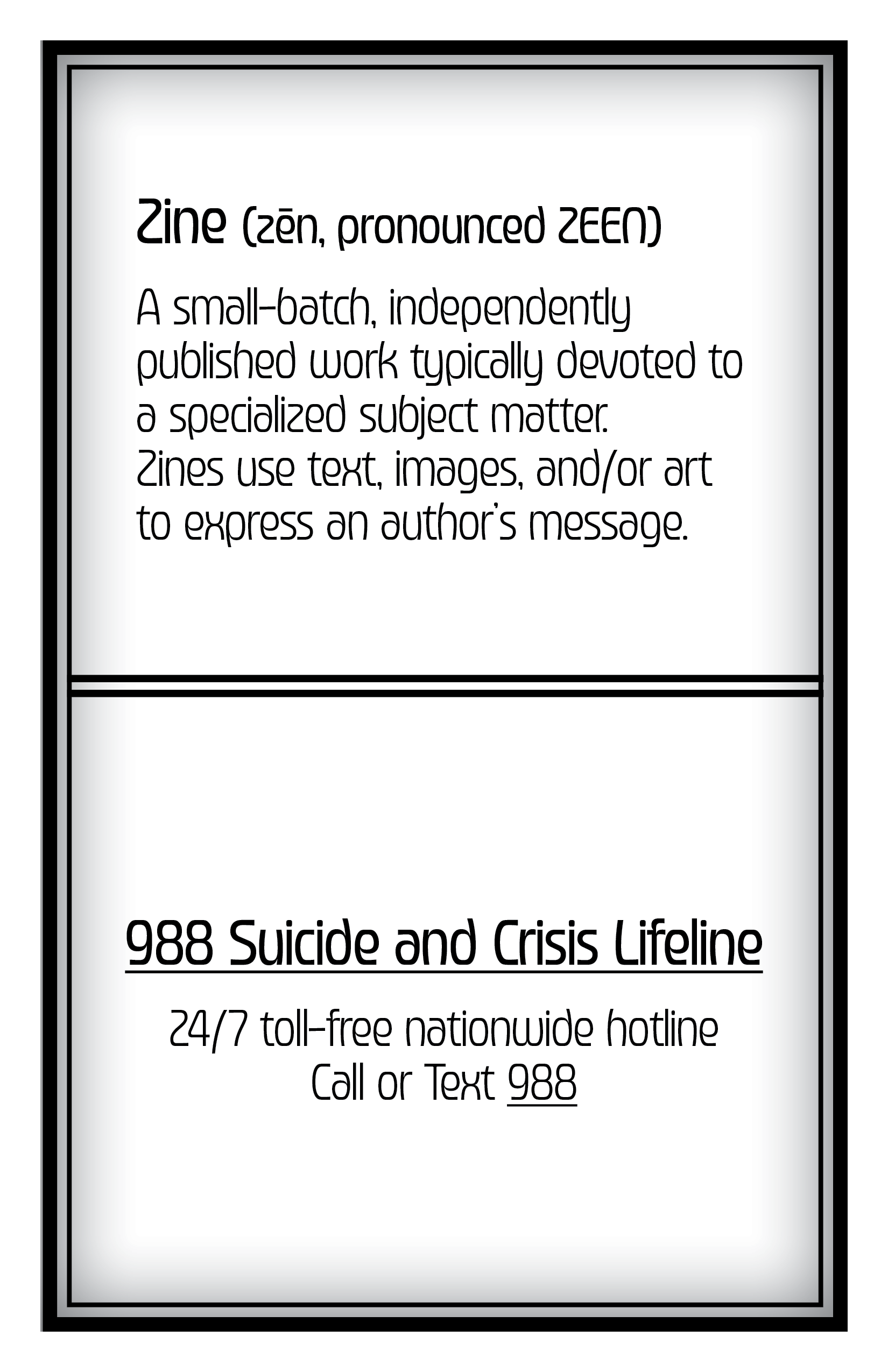 Interior page for a booklet for the 988 Suicide and Crisis Lifeline, featuring text about the service and its contact information.