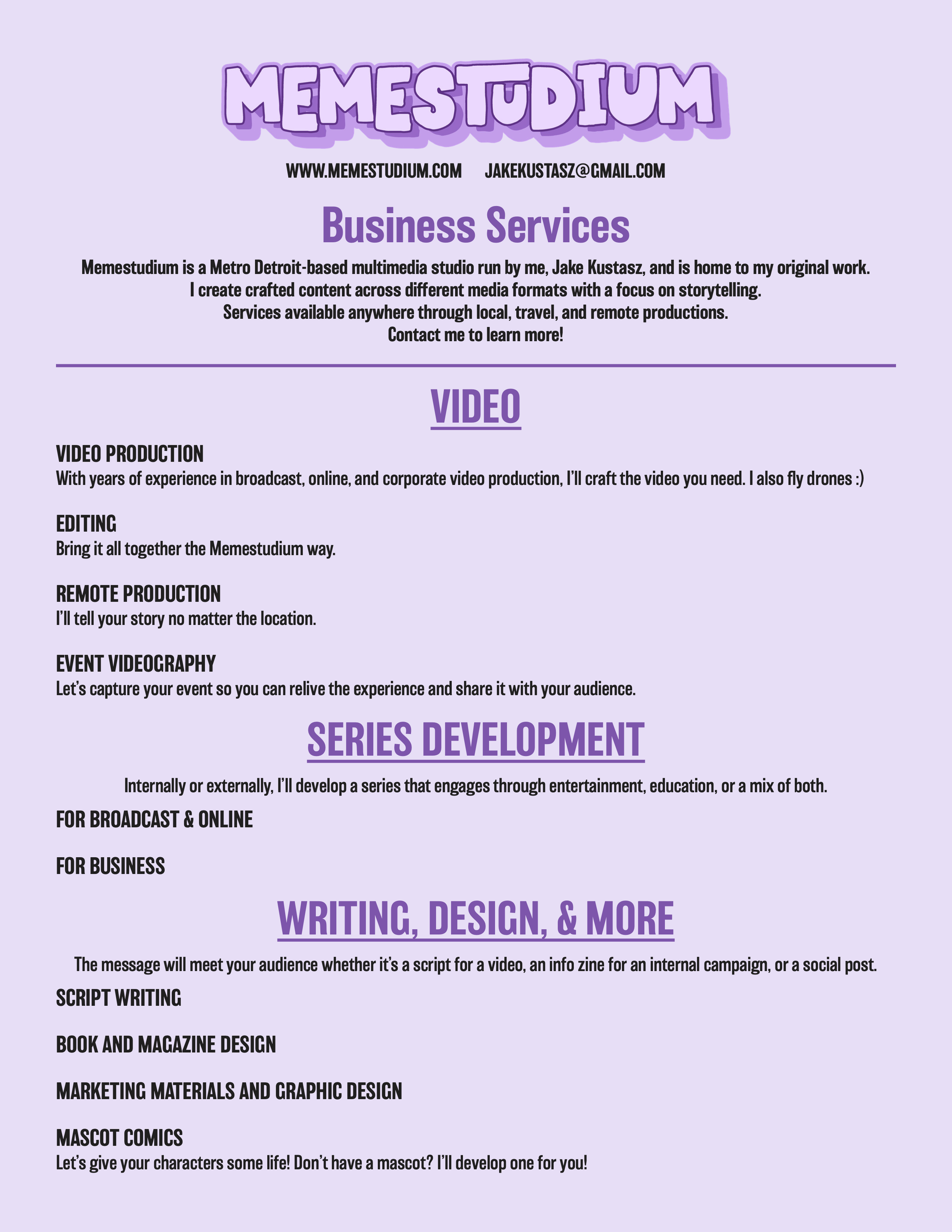 A marketing flyer for Memestudium, a multimedia studio in Metro Detroit, offering services such as video production, editing, remote production, event videography, series development, writing, design, and mascot creation, with contact email and website.