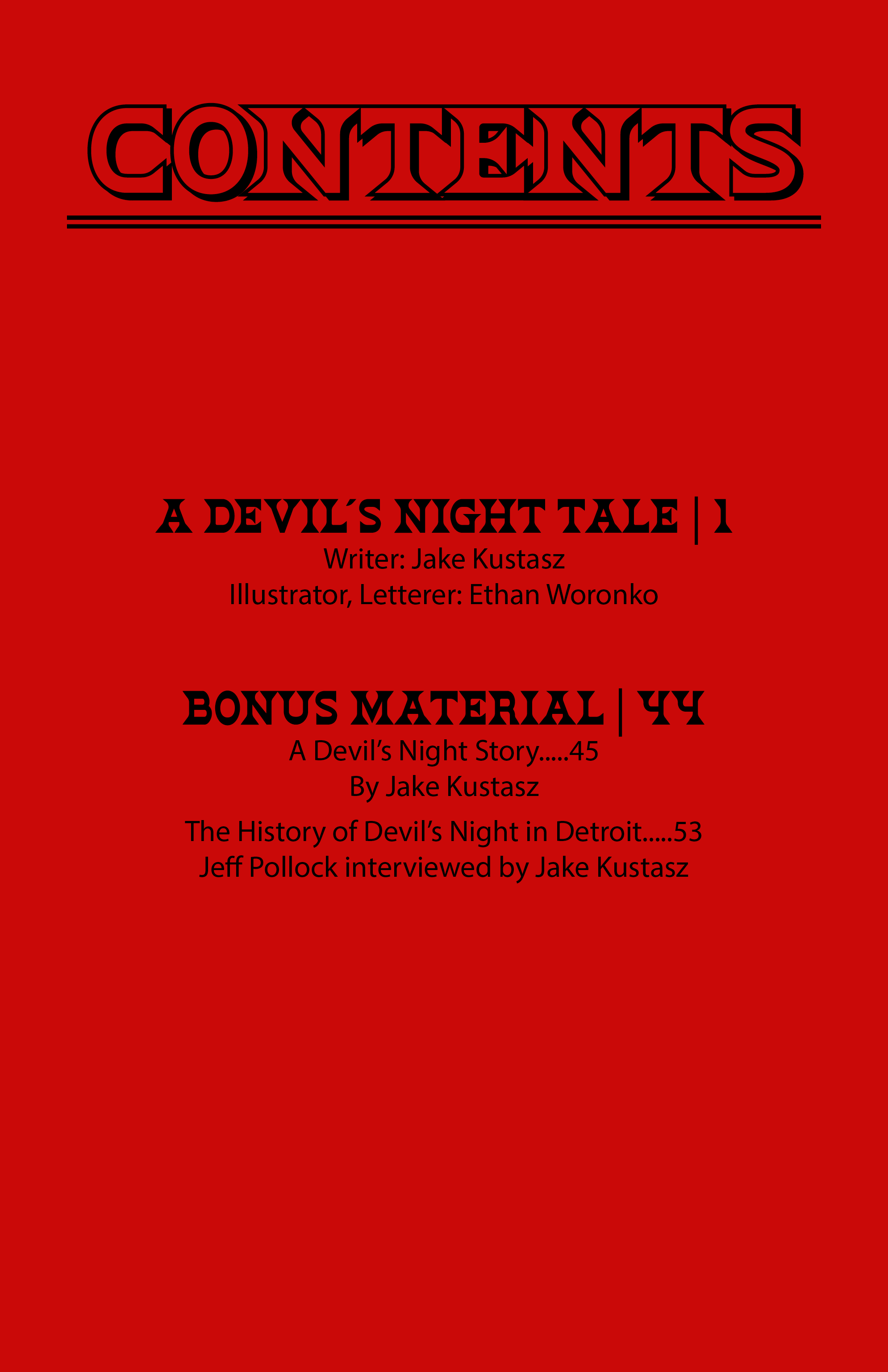Interior contents page for A Devil's Night Tale horror comic book.