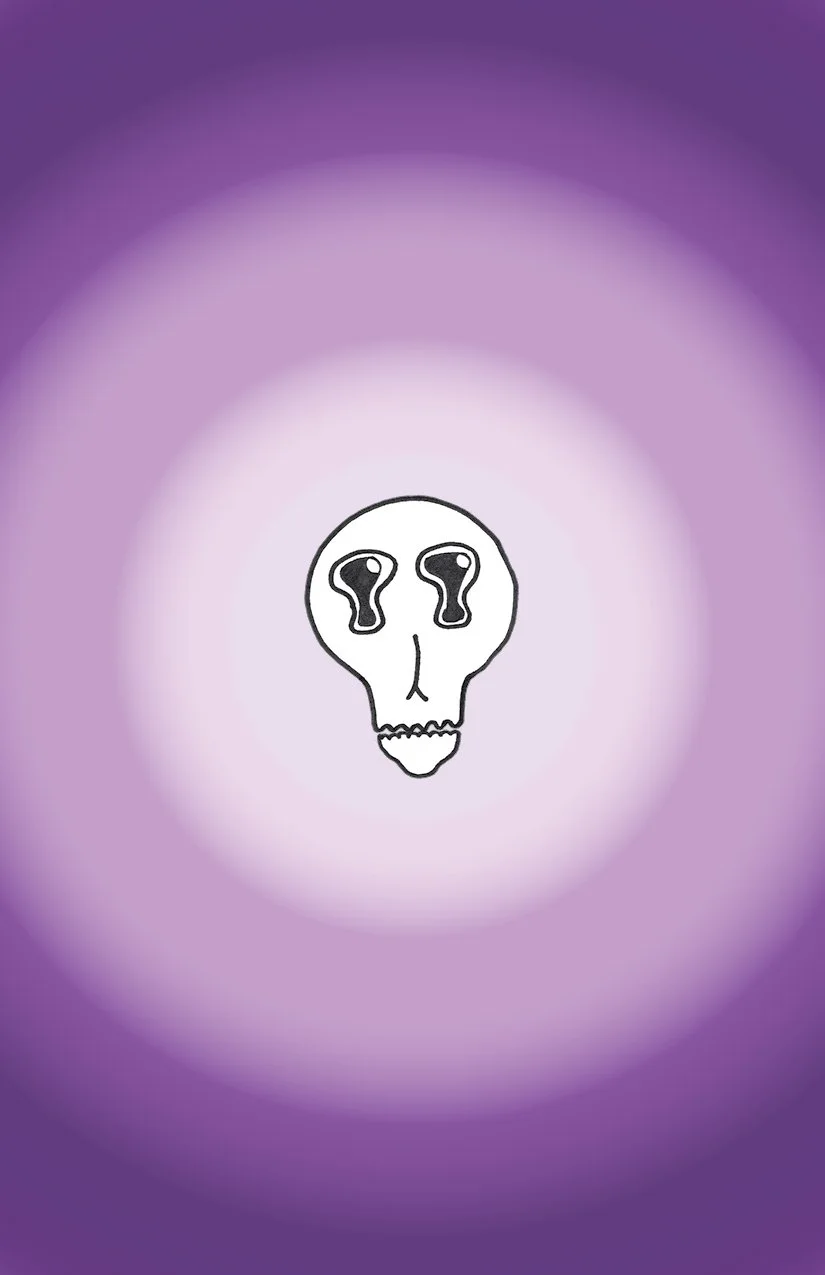 A cartoon drawing of a skull with eyes on a purple background.