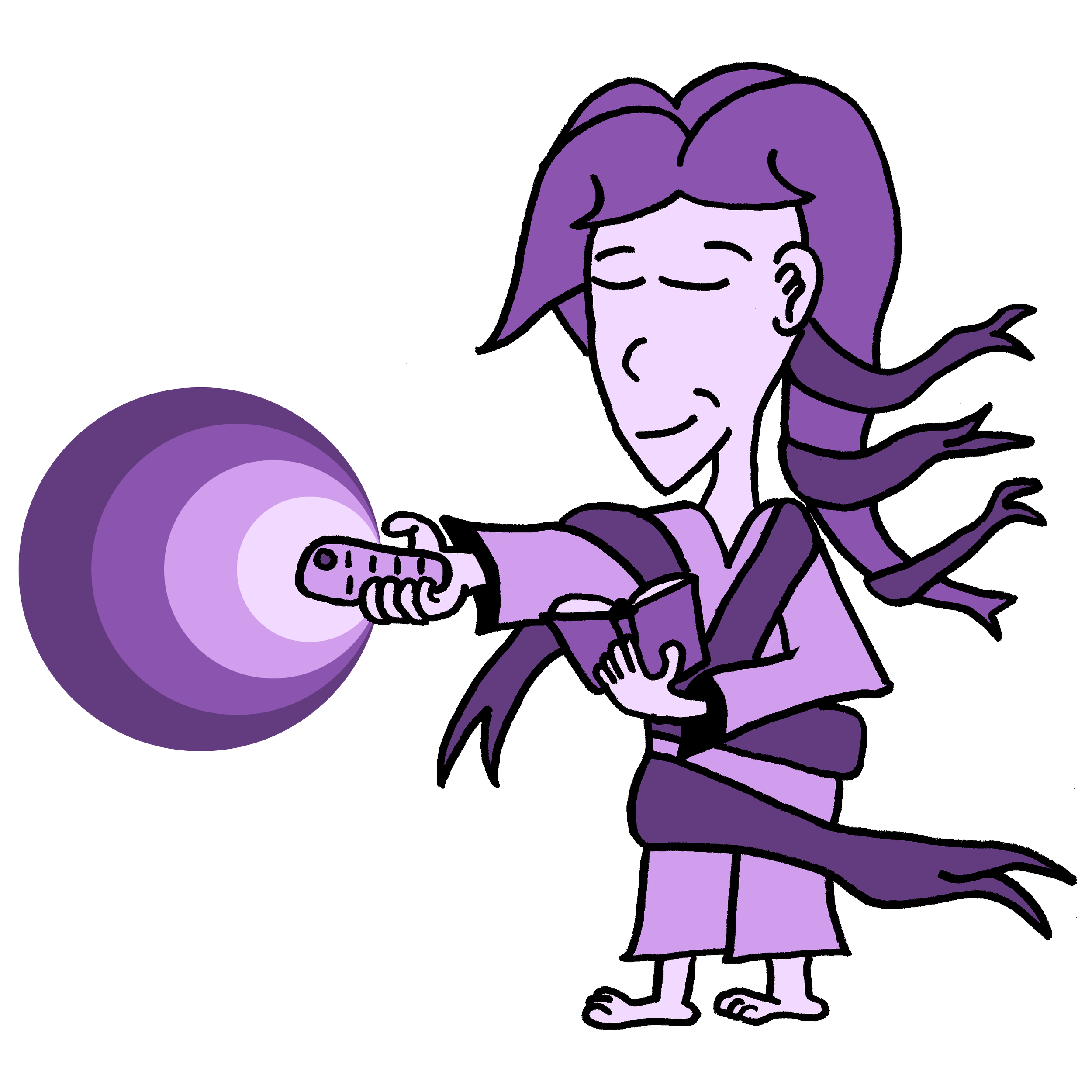 A cartoon muse character with purple skin, purple hair, and tail holding a remote control and book.