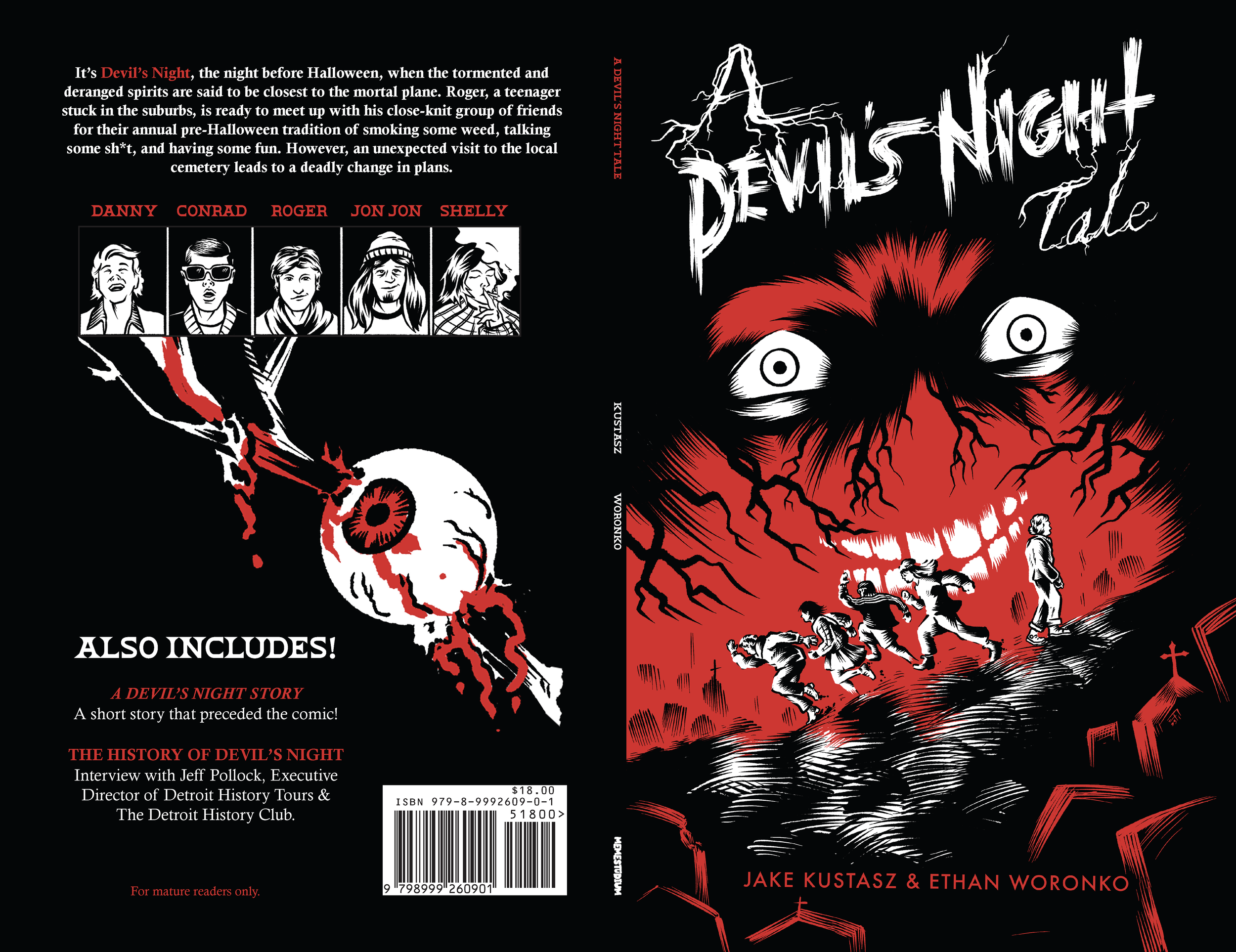 Comic book cover spread for the book A Devil's Night Tale by Jake Kustasz and Ethan Woronko. Featuring the back and front cover including the characters and the devilish face.
