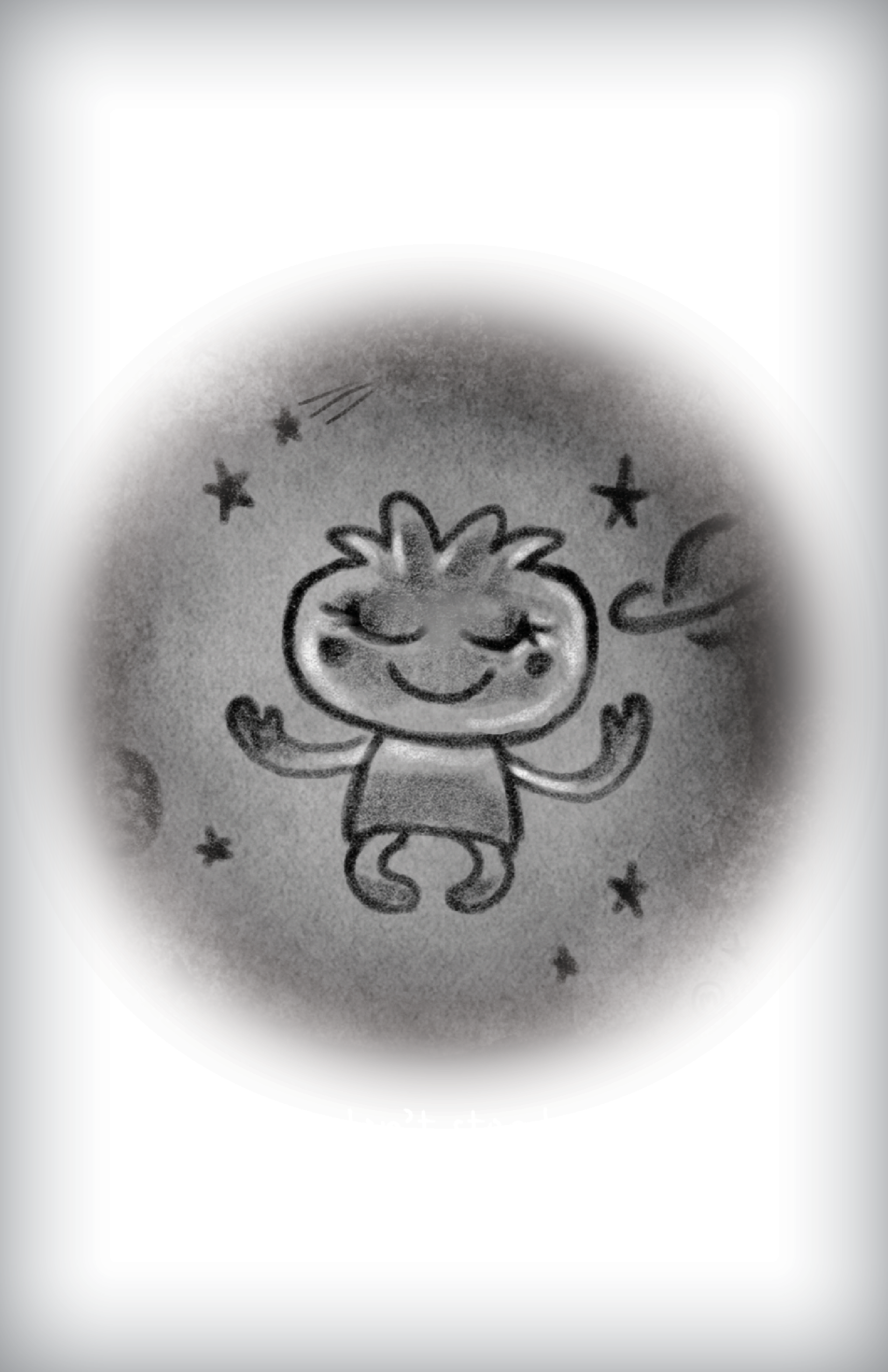 A black and white drawing of a transcendent, happy, smiling cartoon character with closed eyes, arms raised, surrounded by stars, a shooting star, and a crescent moon.