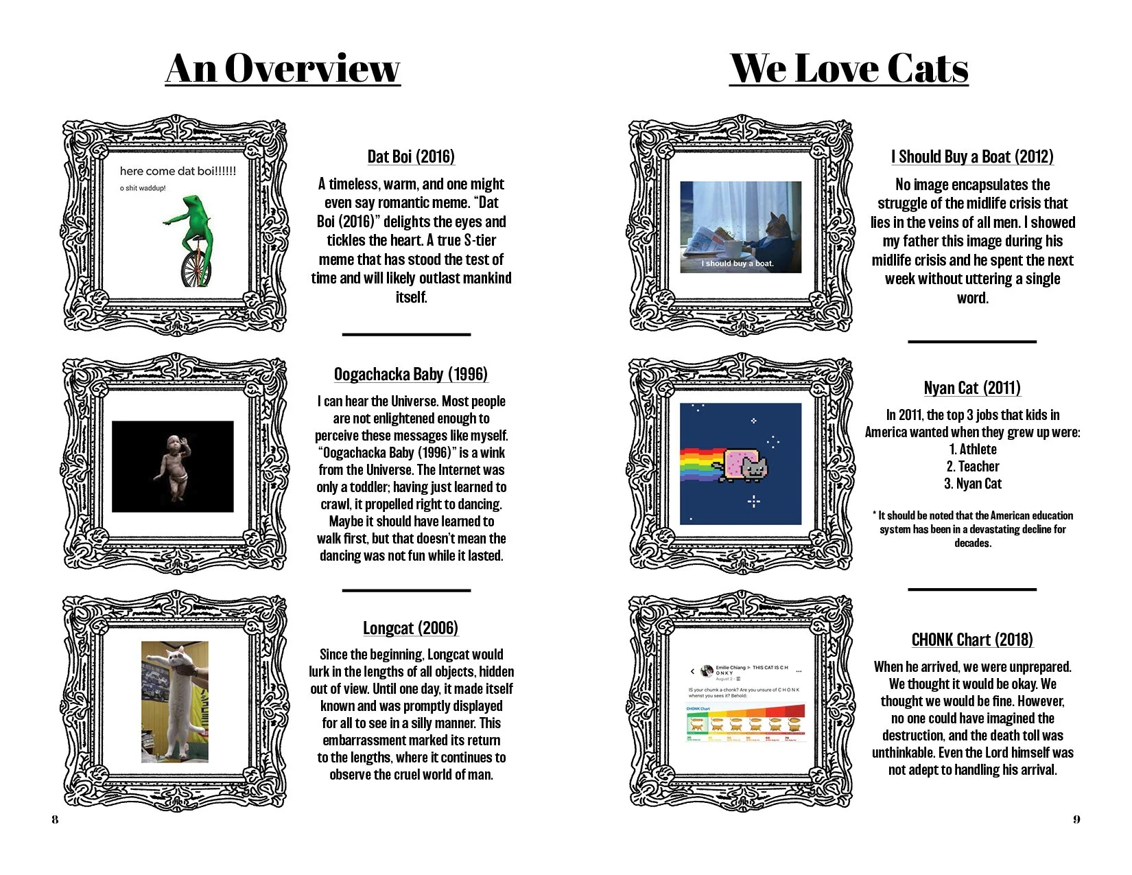 A two-page magazine spread titled "An Overview: We Love Cats." The left page features four framed images with captions and descriptions, including a frog riding a unicycle, a toddler holding a toy, and a small animal held by a person. The right page contains a small photo of a cat sitting by a window with a caption, an image of a pixel-art cat from a video game, and sections discussing buying a boat, a Nyan Cat meme, and a chart titled "CHONK Chart." The pages are decorated with ornate frame illustrations around each image.