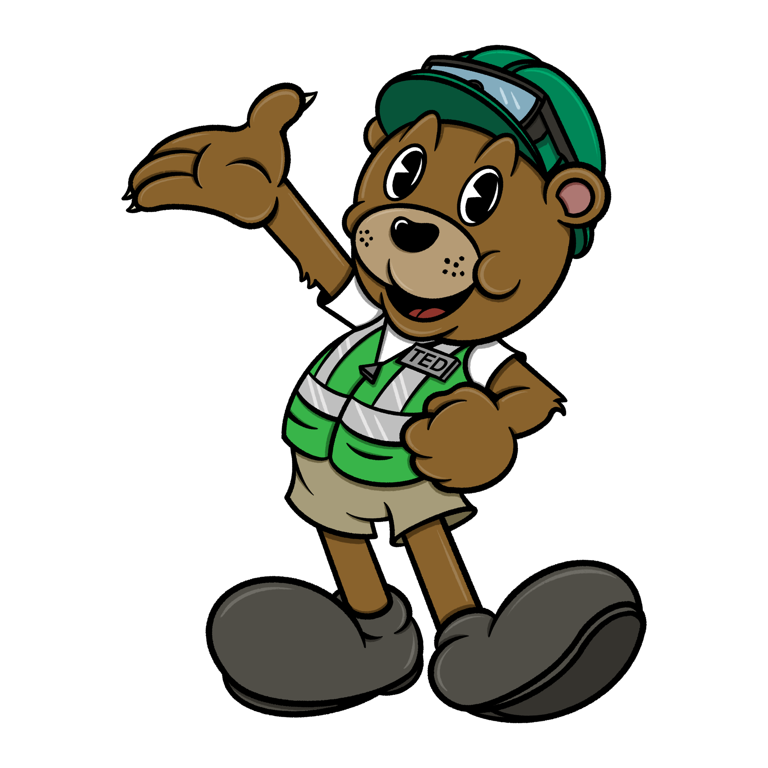 Cartoon bear character wearing a green hardhat, hight visibility vest, safety goggles, and giving a positive gesture.