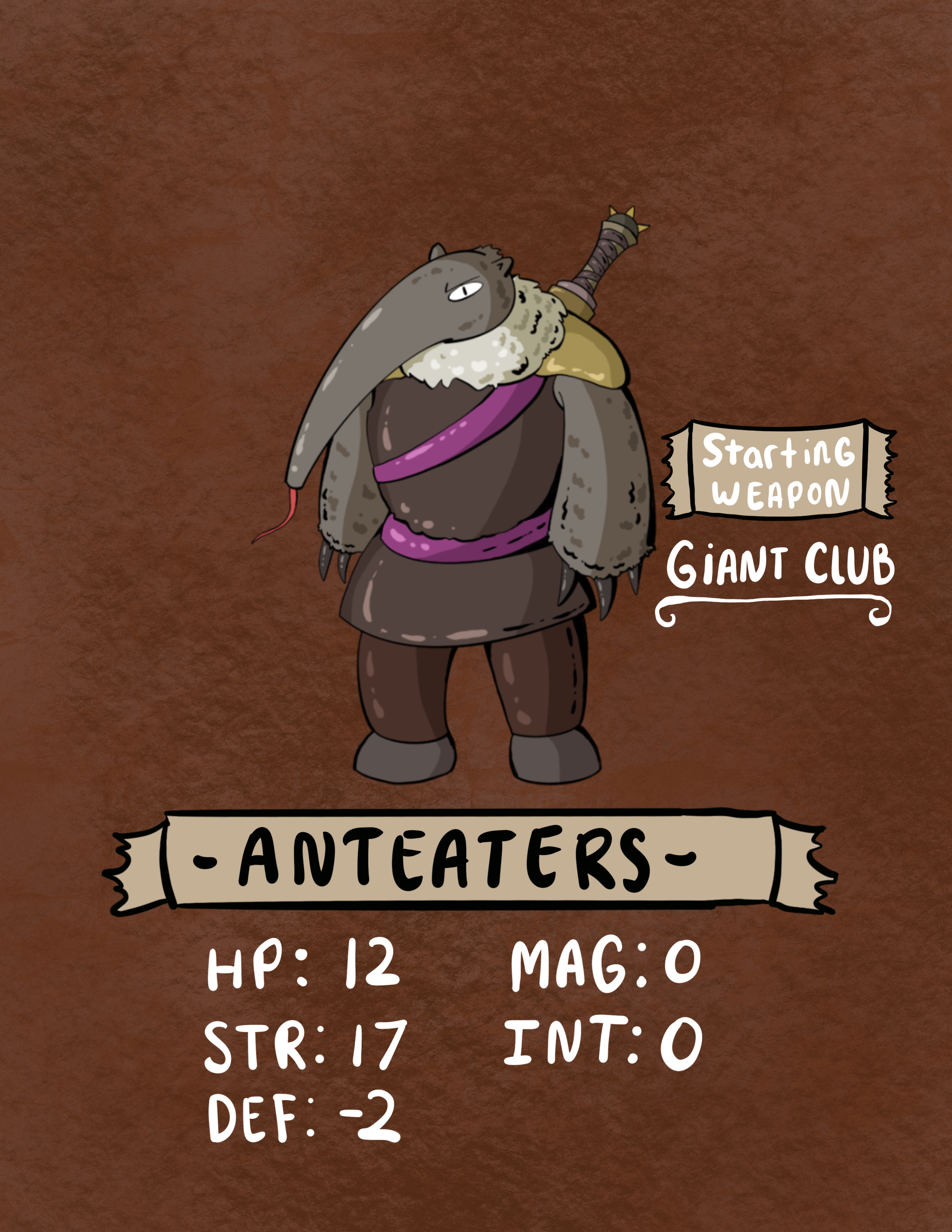 A simple barbaric race, the anteaters live mostly as bandits and scavengers. They are easy to find as sellswords and very adept at heavy weapons such as clubs and axes. They are not known for tact or for intelligence but they make up for it with thei