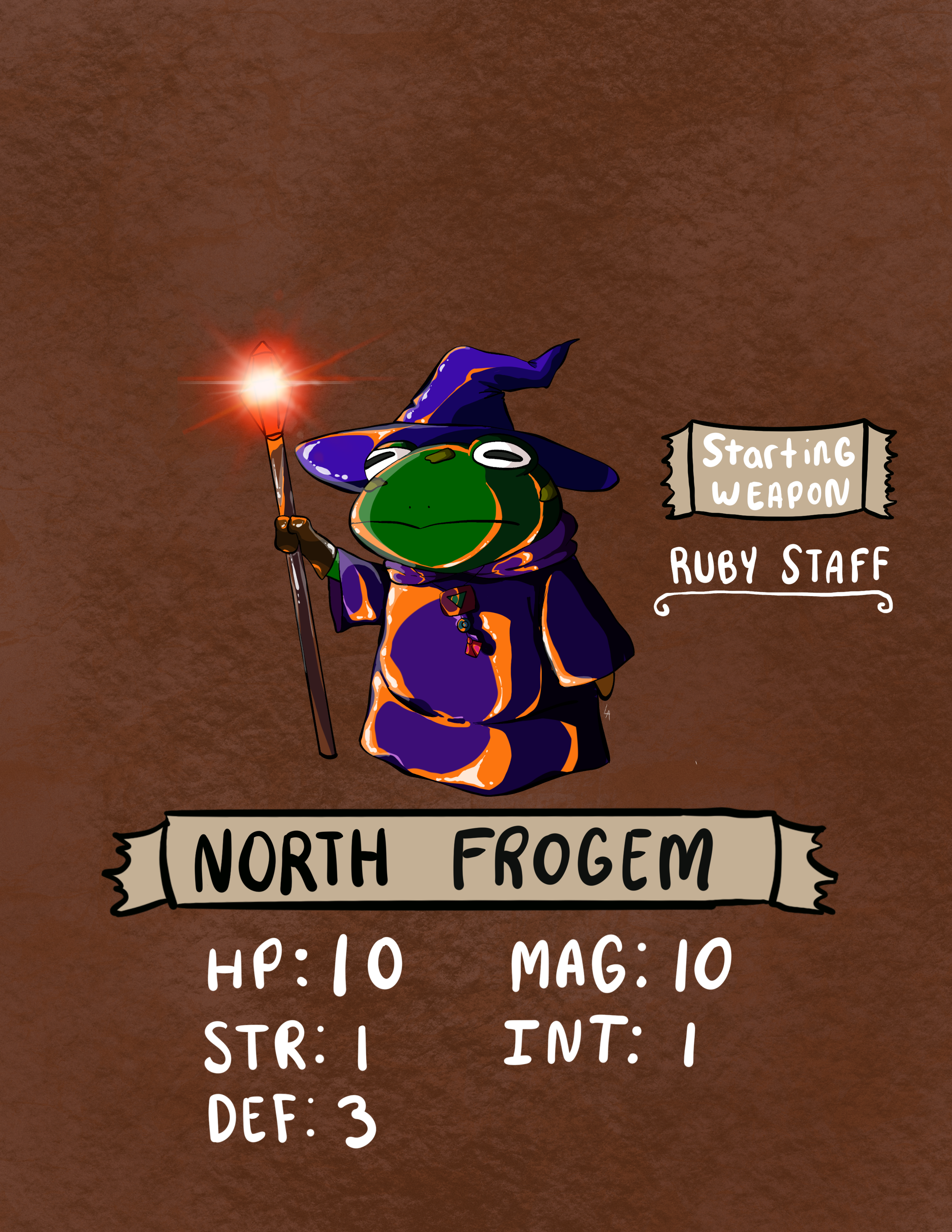 The North Frogem are a peaceful species who are adept in magic coming from the sky. They worship the Sky Princess and all of her values and hope that one day she will actually return. They are not too social but are well natured and if you see one in